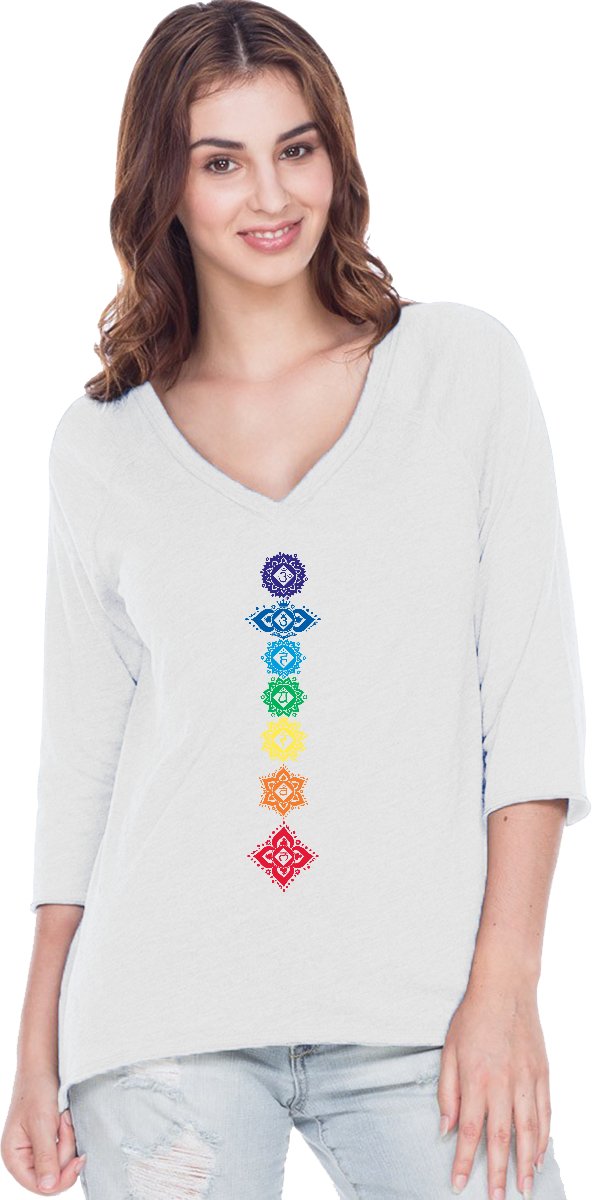 Floral Chakras Yoga Tee Shirt - 3/4 Sleeve High Low Raglan Yoga Top for Women | Perfect for Yoga, Pilates, Meditation & Casual Wear