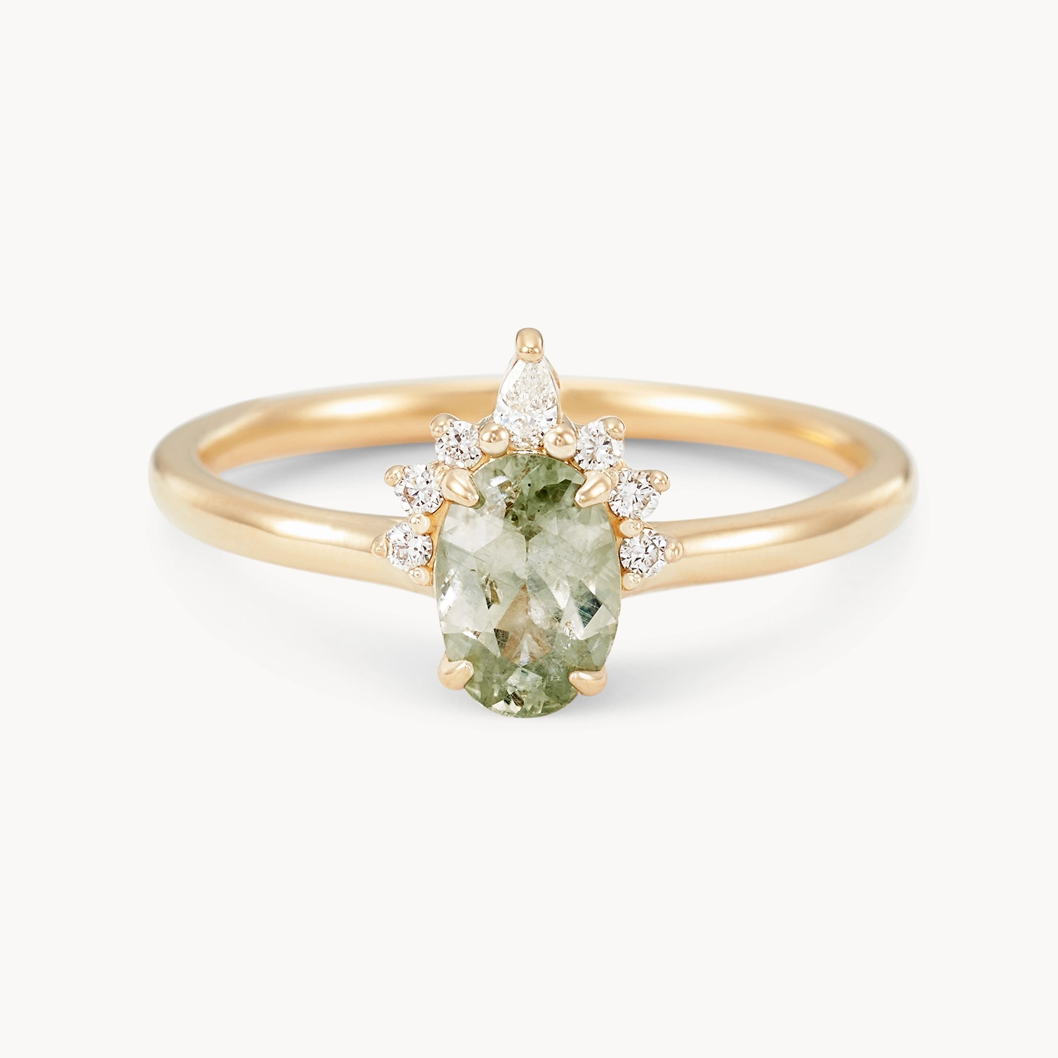 14K Yellow Gold Green Oval Sapphire & White Diamond Ring - Unique Handcrafted Jewelry for Weddings, Anniversaries & Special Occasions