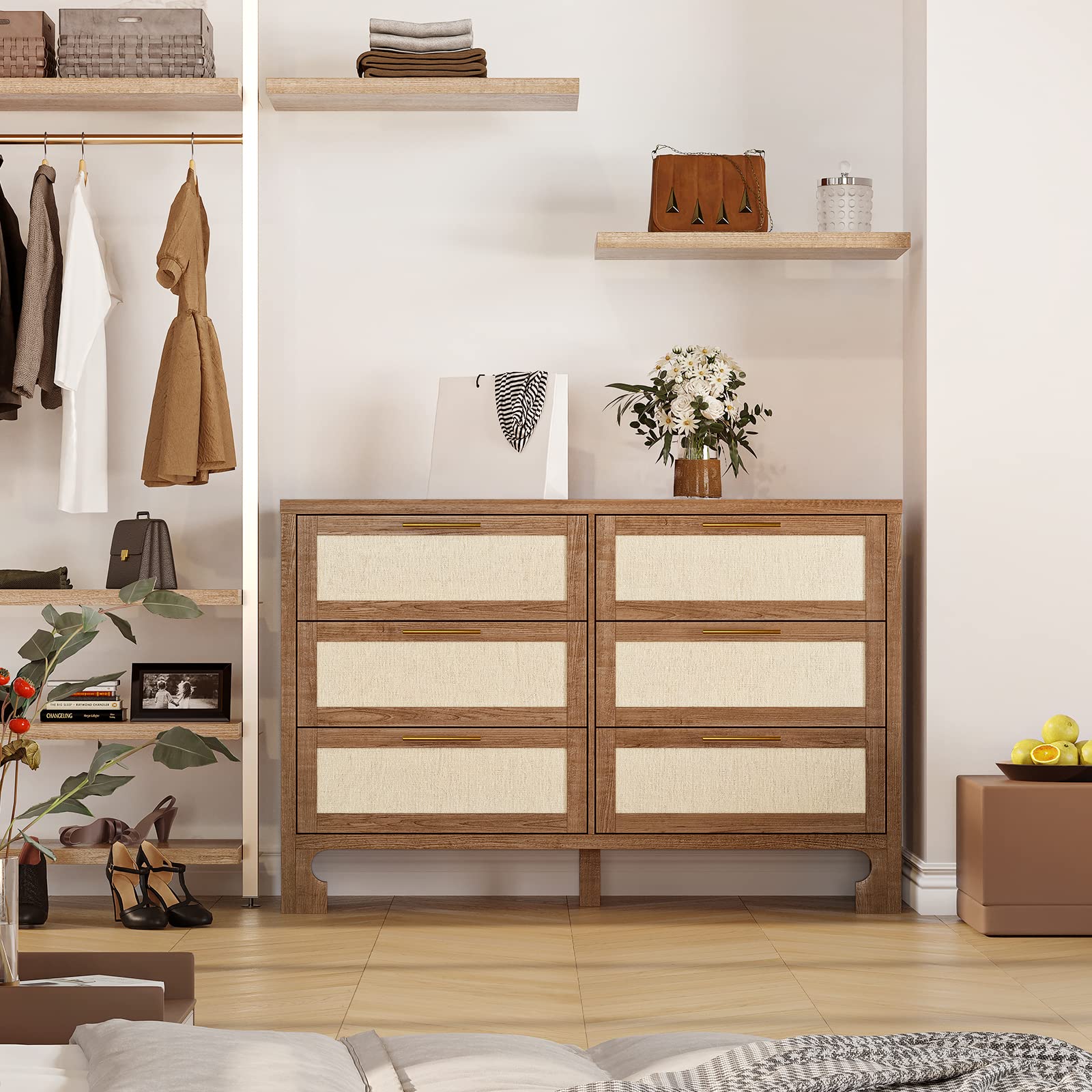 Mid Century Modern 6-Drawer Wooden Dresser with Burlap Fabric - Boho Style Storage Cabinet for Bedroom, Living Room, Nursery & TV Stand | Solid Wood Legs & Wide Chest of Drawers for Home Organization & Stylish Decor