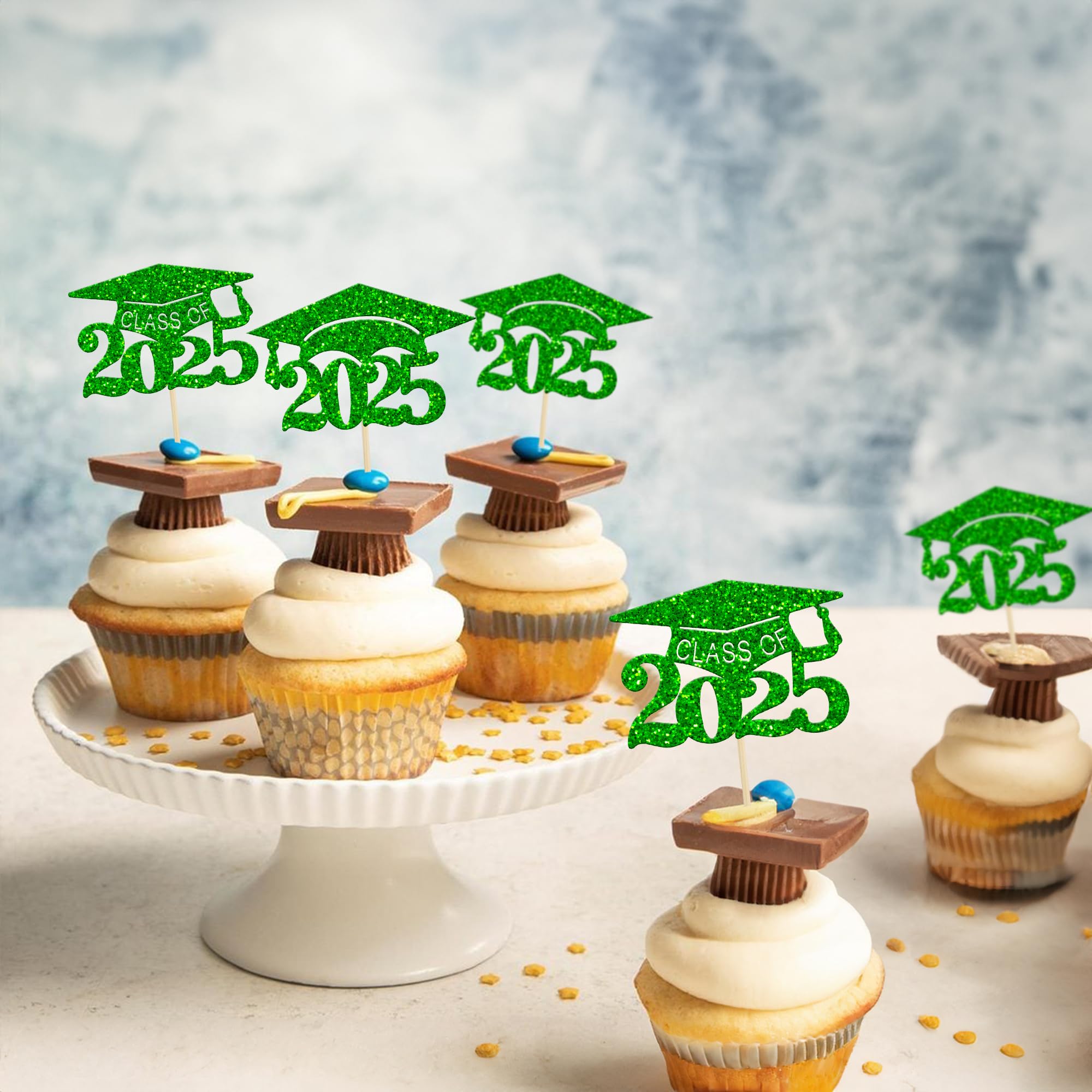24Pcs Class of 2025 Graduation Cupcake Toppers - Green Glitter Diploma Decorations for Graduation Party, Mini Cake & Dessert Decor - Perfect for 2025 Grad Celebrations, School Events & Commencement Treats