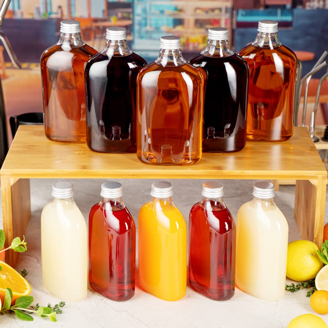 Restaurantware Bottle Tek 16.9oz Empty Plastic Liquor Bottles (100-Pack) - Clear Disposable Flask with Aluminum Lids for Juice, Ginger, Sauces & Party Favors | Perfect for Bars, Catering, Restaurants & Home Mixology