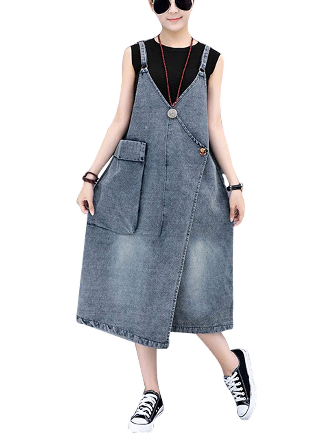 Omoone Women's Distressed Denim Overalls Dress - Loose Fit Midi Jumpsuit with Baggy Style for Casual Wear, Street Fashion, and Everyday Outfits
