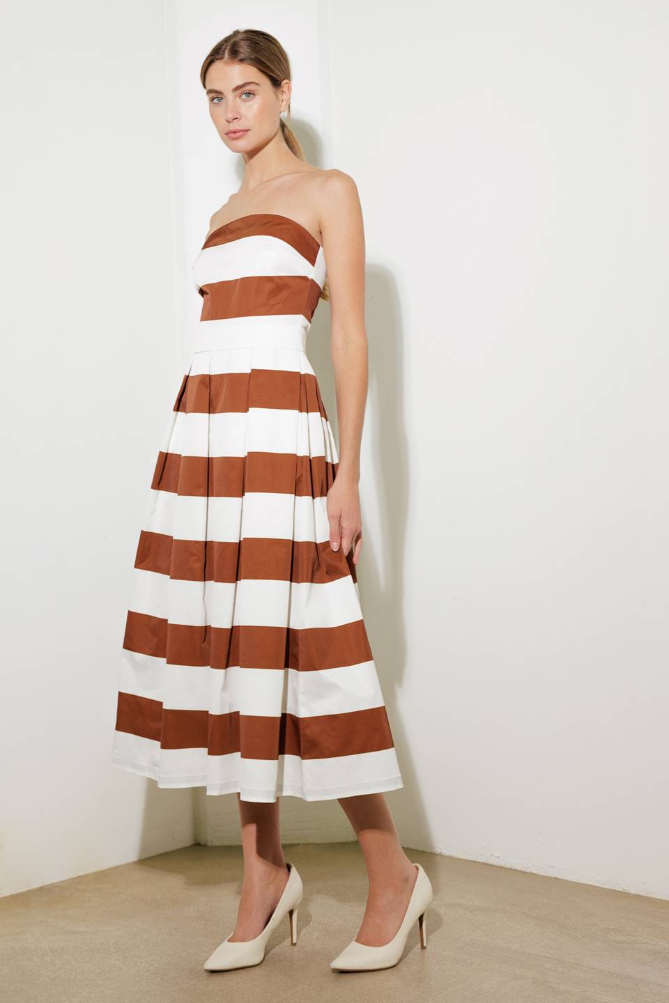EVERYDAY HUSTLE Rust Stripe Midi Dress - Stylish Casual Wear for Work, Date Night & Special Occasions