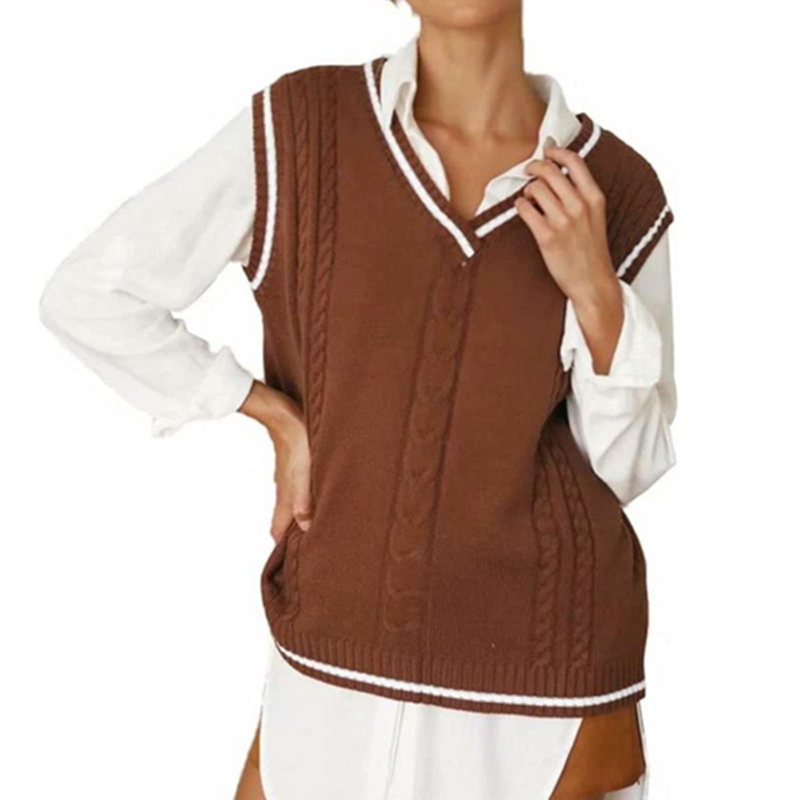 Hyipels Women's Cable Knit Sweater Vest - Oversized Sleeveless V-Neck Tank Top for Casual Wear | Perfect for Layering in Fall & Winter, Office Outfits and Coffee Dates