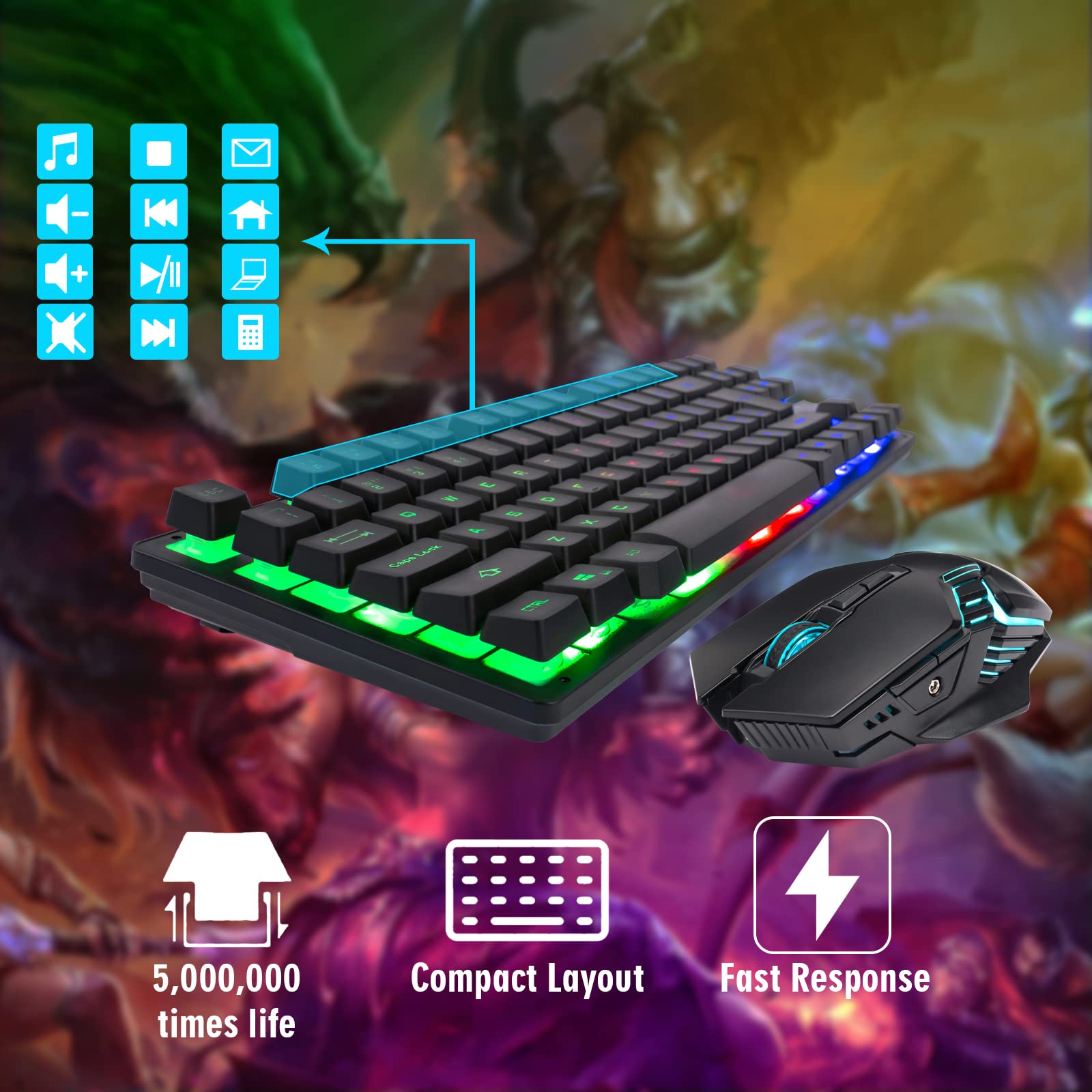 Wireless Gaming Keyboard and Mouse Combo - Rechargeable LED Backlit Tenkeyless 87 Keys Compact Mechanical Keyboard with 6-Button Mouse for PC, Laptop, PS4, PS5, Switch, Xbox One - Compatible with Windows XP/7/8/10, MacBook, iMac - Perfect for Gaming, Office Work, and Home Entertainment