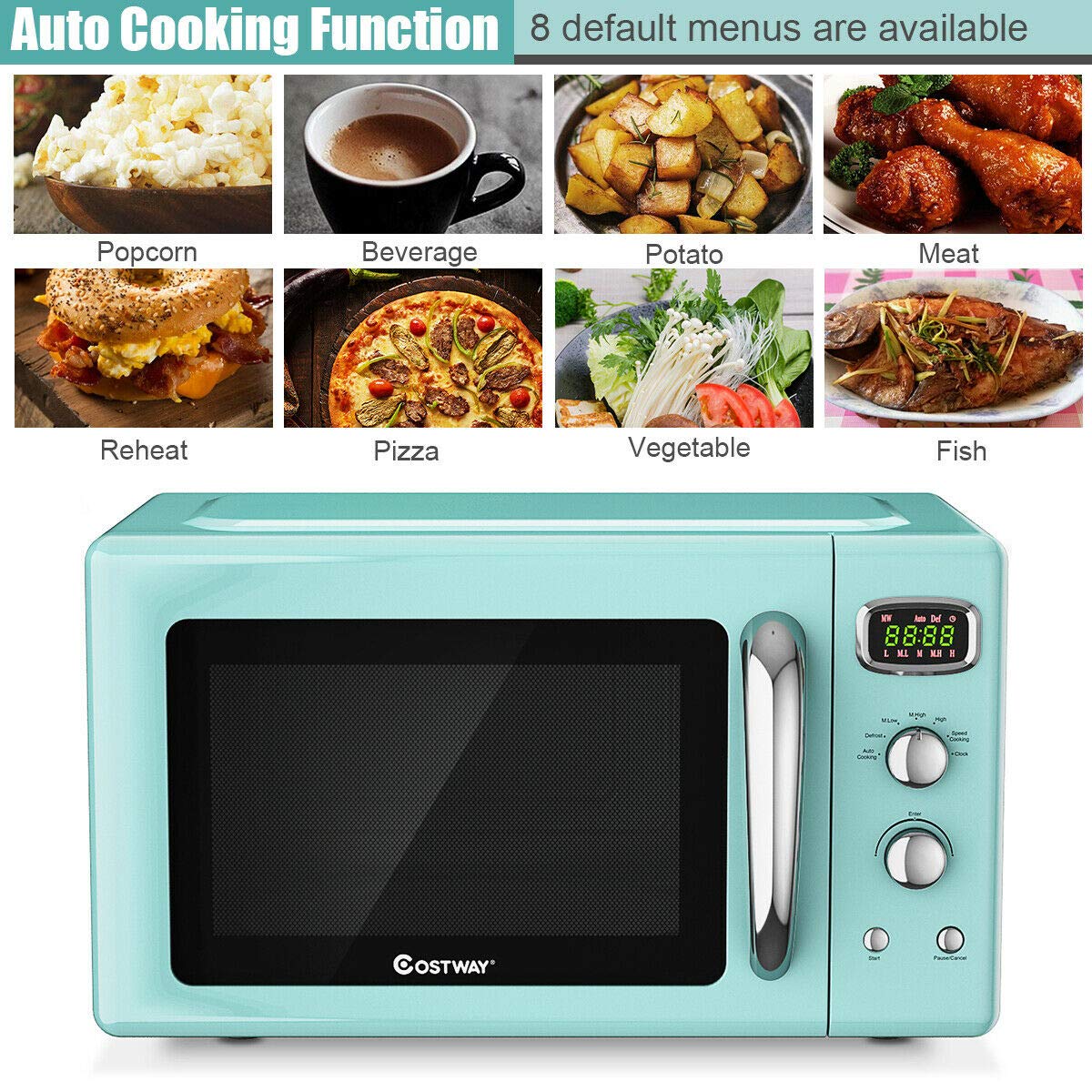COSTWAY 0.9 Cu.ft Retro Microwave Oven - 900W Countertop Microwave with 5 Power Levels, Defrost, Auto Cook, LED Display, Glass Turntable & Child Safety Lock | Perfect for Small Kitchens, Dorms & Office Break Rooms