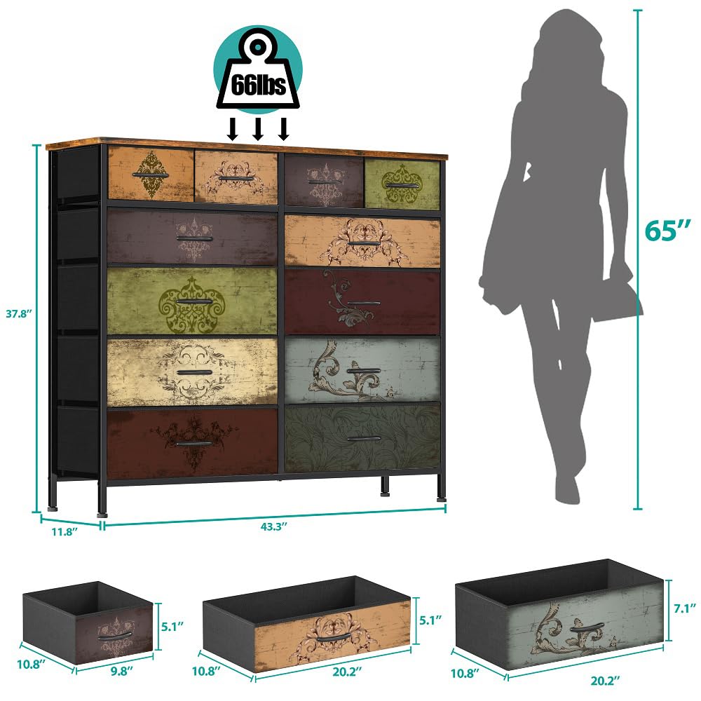 12-Drawer Tall Fabric Dresser for Bedroom - Modern Storage Chest with Drawers for Closet, Nursery, Bedside, Living Room, Entryway & Hallway | Space-Saving Organizer for Clothes, Toys & Home Essentials (Pattern)