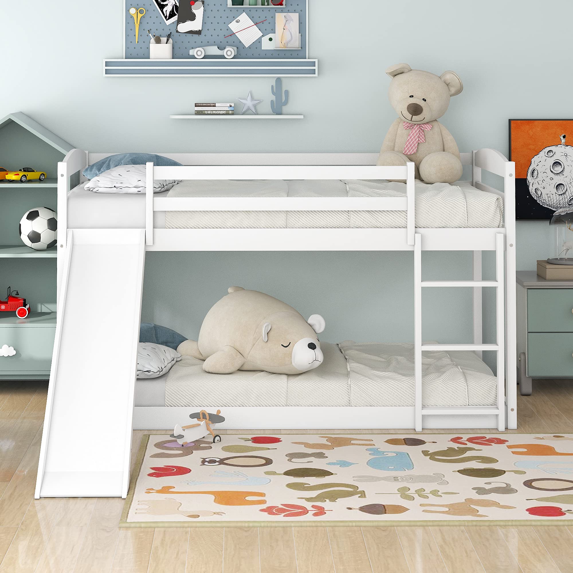 Low Twin Over Twin Bunk Bed with Slide & Ladder - Sturdy Wooden Bunk Bed for Toddlers, Kids, Boys & Girls (White) - Perfect for Small Bedrooms, Kids' Rooms & Shared Spaces