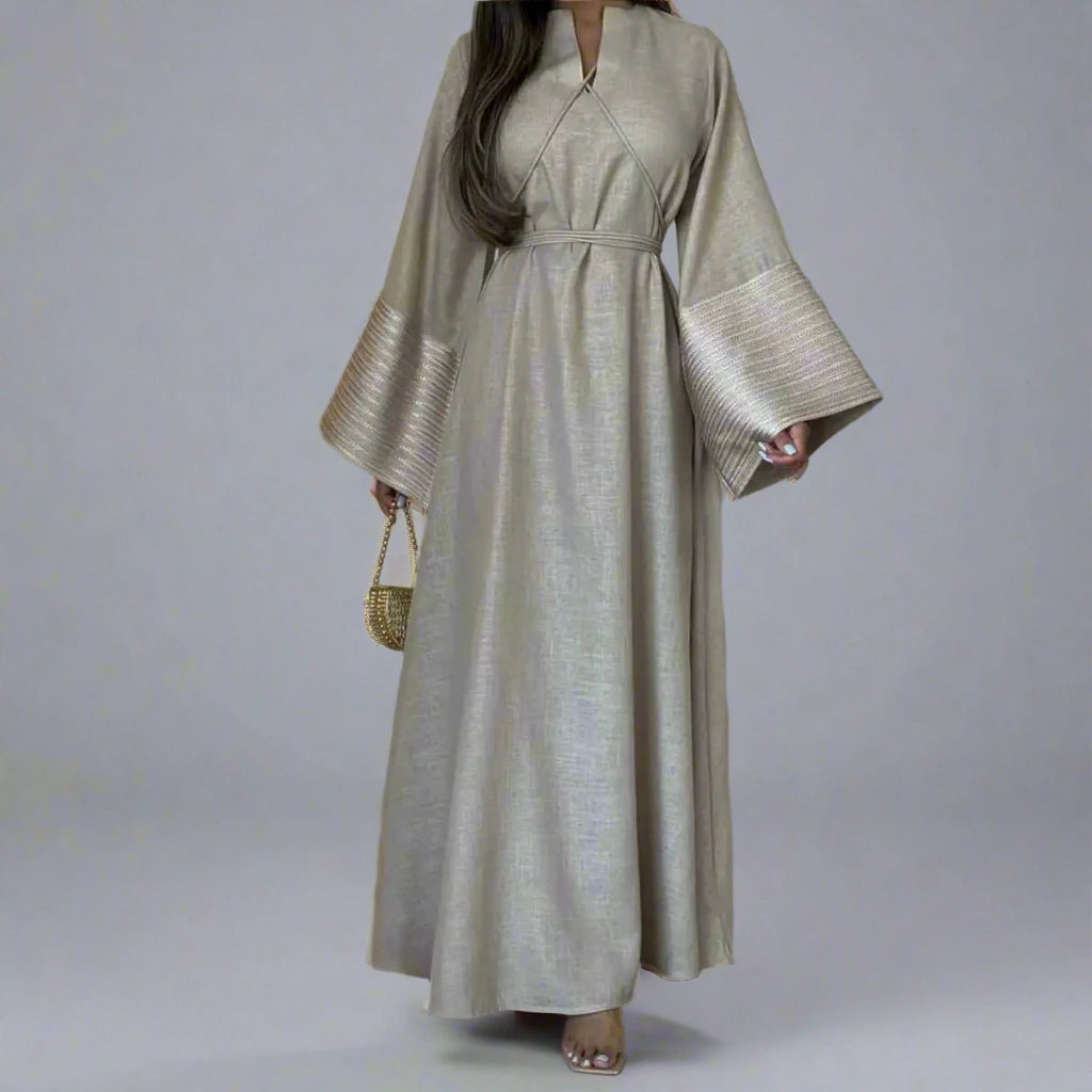 Elegant Muslim Women's V-Neck Abaya Dress with Embroidery Sleeves - Perfect for Prayer, Eid, Wedding & Special Occasions