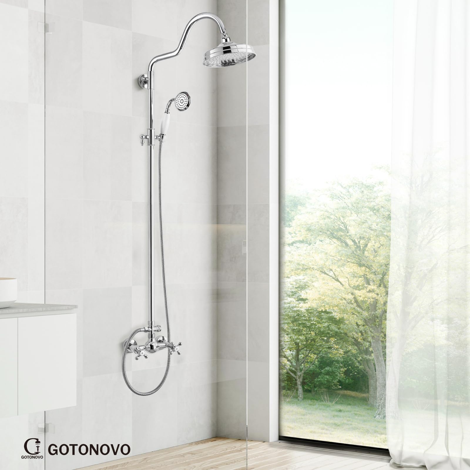 Luxury 8 Inch Wall Mount Rainfall Shower System - Exposed Shower Faucet Set with Adjustable Arc Rod, Handheld Spray & Cross Double Handle in Polished Chrome | Perfect for Modern Bathrooms, Spa-Like Experience, Master Suite Renovation