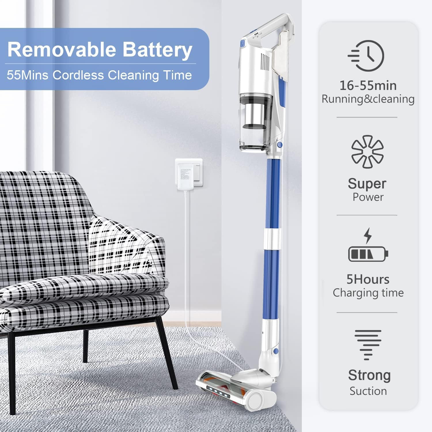 Whall Cordless Vacuum Cleaner - Powerful 25Kpa Brushless Motor, Lightweight Stick Vacuum for Home, Pets, Carpet & Hard Floors | 55 Min Runtime, White | Perfect for Quick Cleanups & Pet Hair Removal
