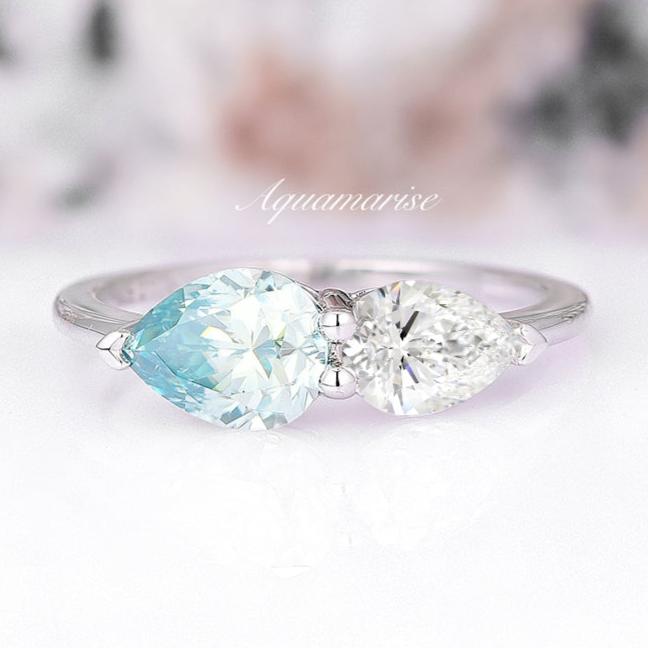 Toi Et Moi Blue & White Moissanite Engagement Ring - 14K White Gold Wedding Band for Women - Perfect for Proposals, Anniversaries & Romantic Occasions