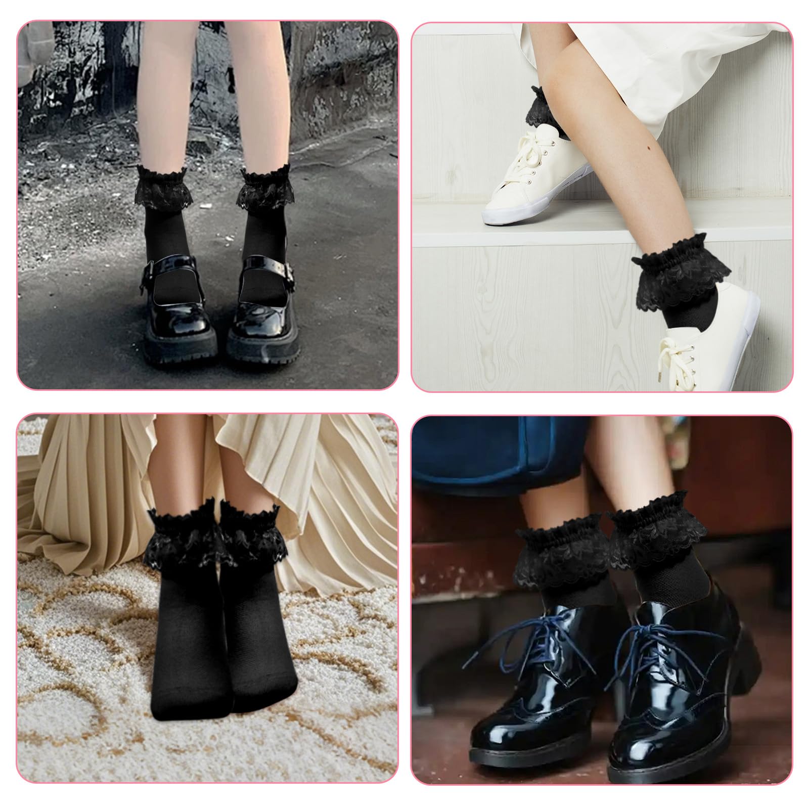 2 Pairs Women's Lace Ruffle Ankle Socks - Soft Comfortable Frilly Crew Socks for Everyday Wear, Office, and Special Occasions