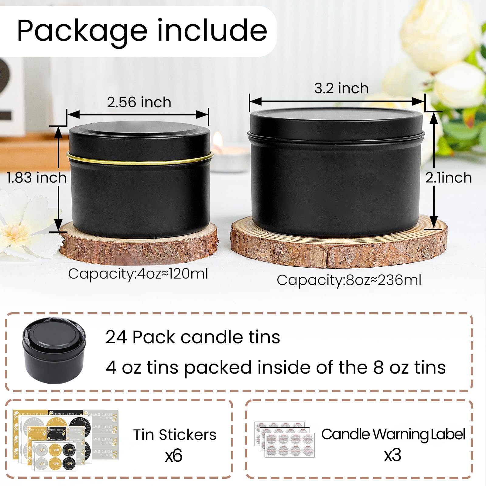 CONNOO 24 Pack Candle Tins - 12pcs 8oz & 12pcs 4oz Matte Black Empty Candle Jars with Lids for DIY Candle Making, Storage & Gifts - Includes Sticky Warning Labels - Perfect for Home Decor, Wedding Favors & Aromatherapy