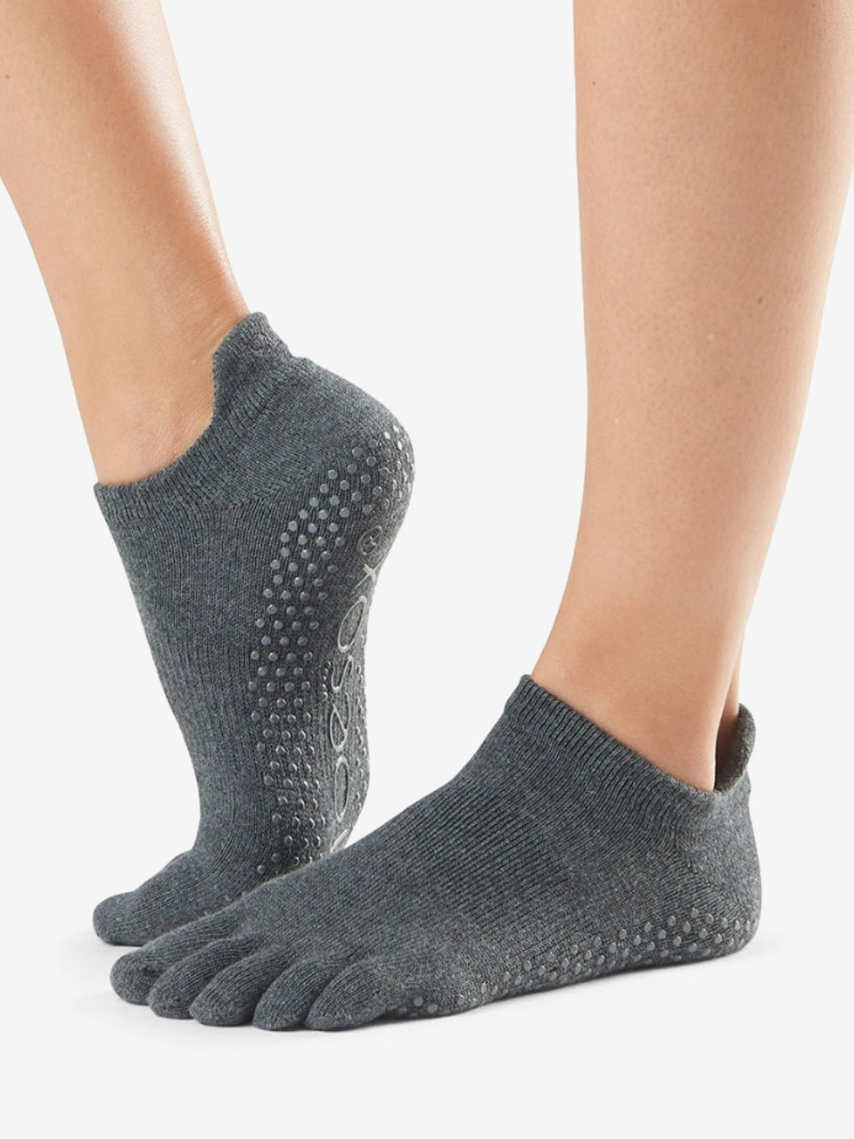 ToeSox Full Toe Low Rise Non-Slip Grip Socks for Yoga, Pilates & Barre - Charcoal Grey - Improve Balance & Comfort During Workouts