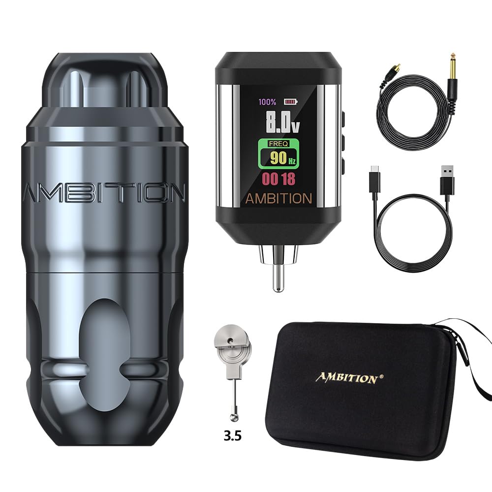 Ambition Lutin Rotary Tattoo Machine with Korall Power Supply - Wireless Tattoo Pen with Brushless Motor, RCA Cord & 2200mAh Battery | Professional Tattoo Equipment for Artists | Perfect for Lining, Shading & Detailed Tattoo Work