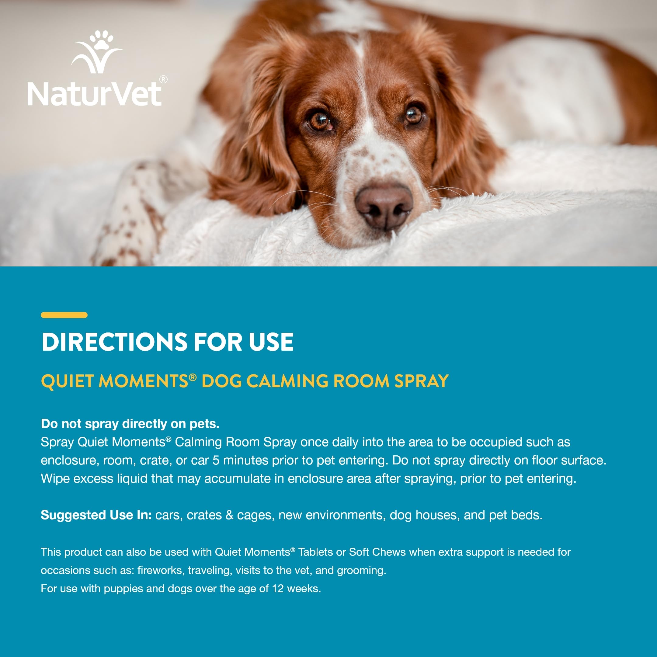 NaturVet Quiet Moments Herbal Calming Spray for Dogs – 8 Oz Stress & Anxiety Relief – Helps with Travel, Storms & New Environments – Perfect for Crates, Cars & Vet Visits – Natural Pet Calming Solution