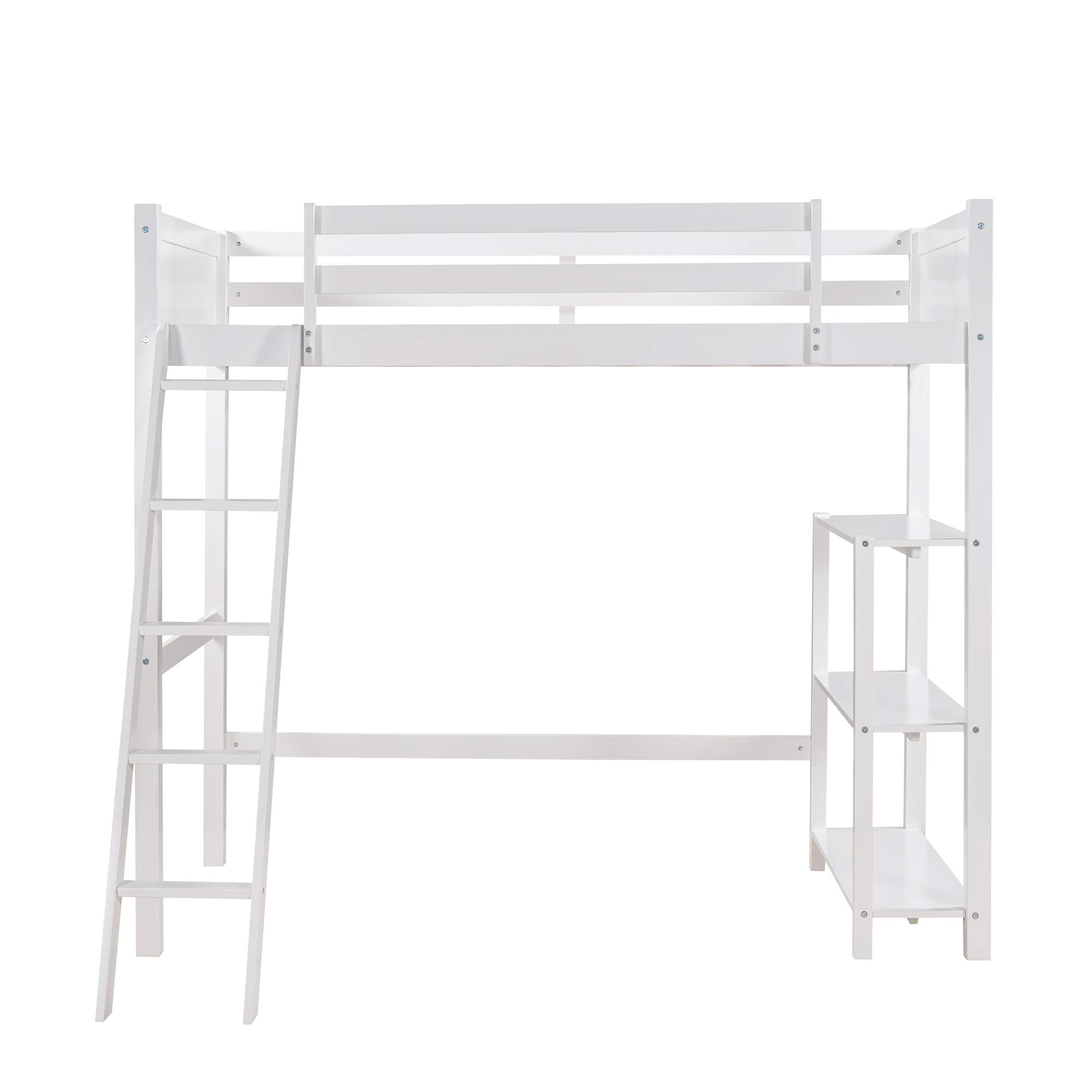 **Wooden Twin Loft Bed for Kids with Storage Shelves & Angled Ladder - No Box Spring Needed, White - Perfect for Small Bedrooms & Space-Saving Kids' Rooms**
