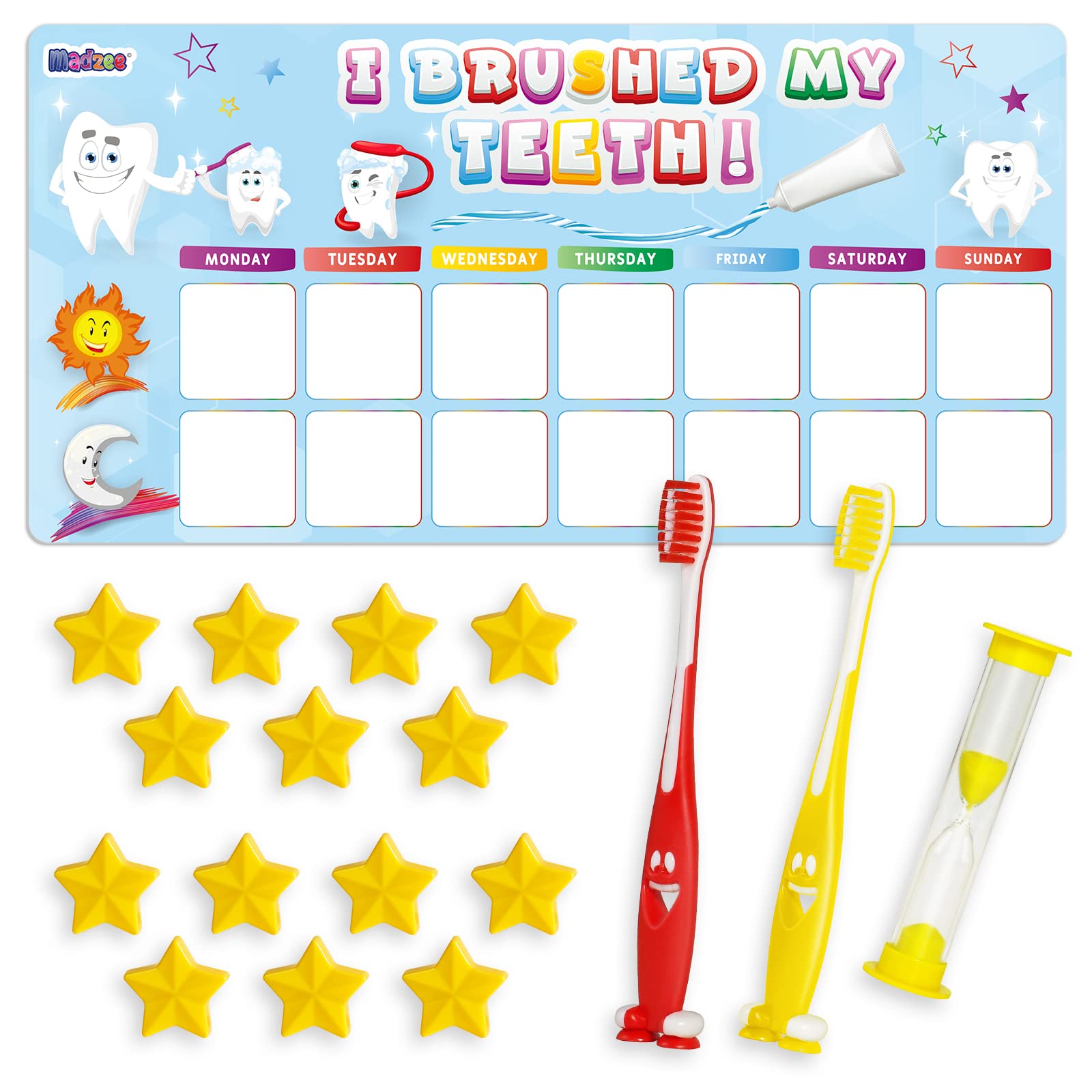 **Madzee Kids Toothbrush Set with Reward Chart & Sand Timer - 2 Soft Bristle Toothbrushes for Ages 3+ | Fun & Effective Brushing for Healthy Teeth | Perfect for Morning & Bedtime Routines**
