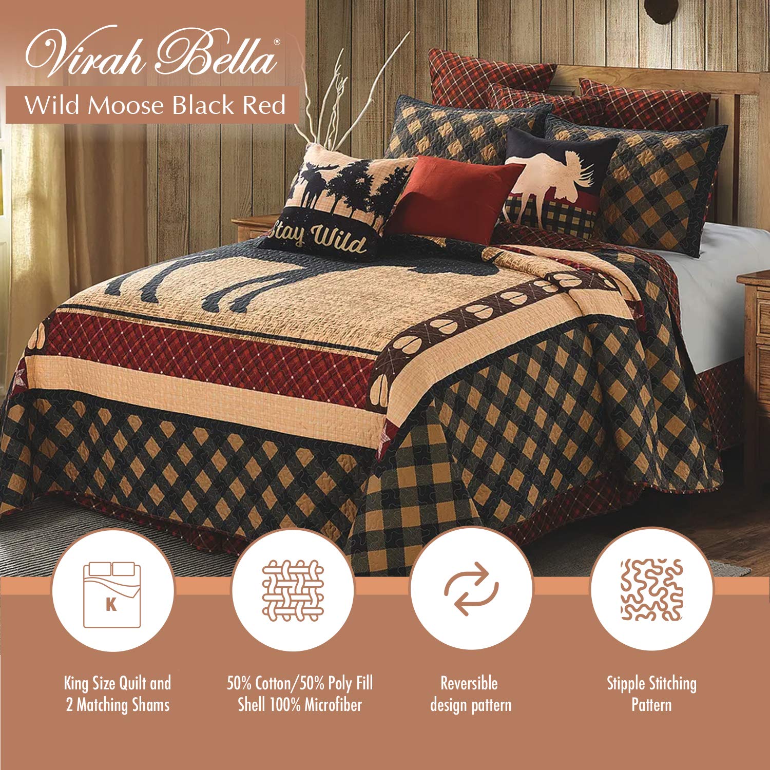 Virah Bella 3-Piece King Size Reversible Cabin Quilt Bedding Set - Wild Moose Black Red Rustic Country Patchwork Comforter with Decorative Pillow Shams | Cozy Lodge & Farmhouse Bedroom Decor