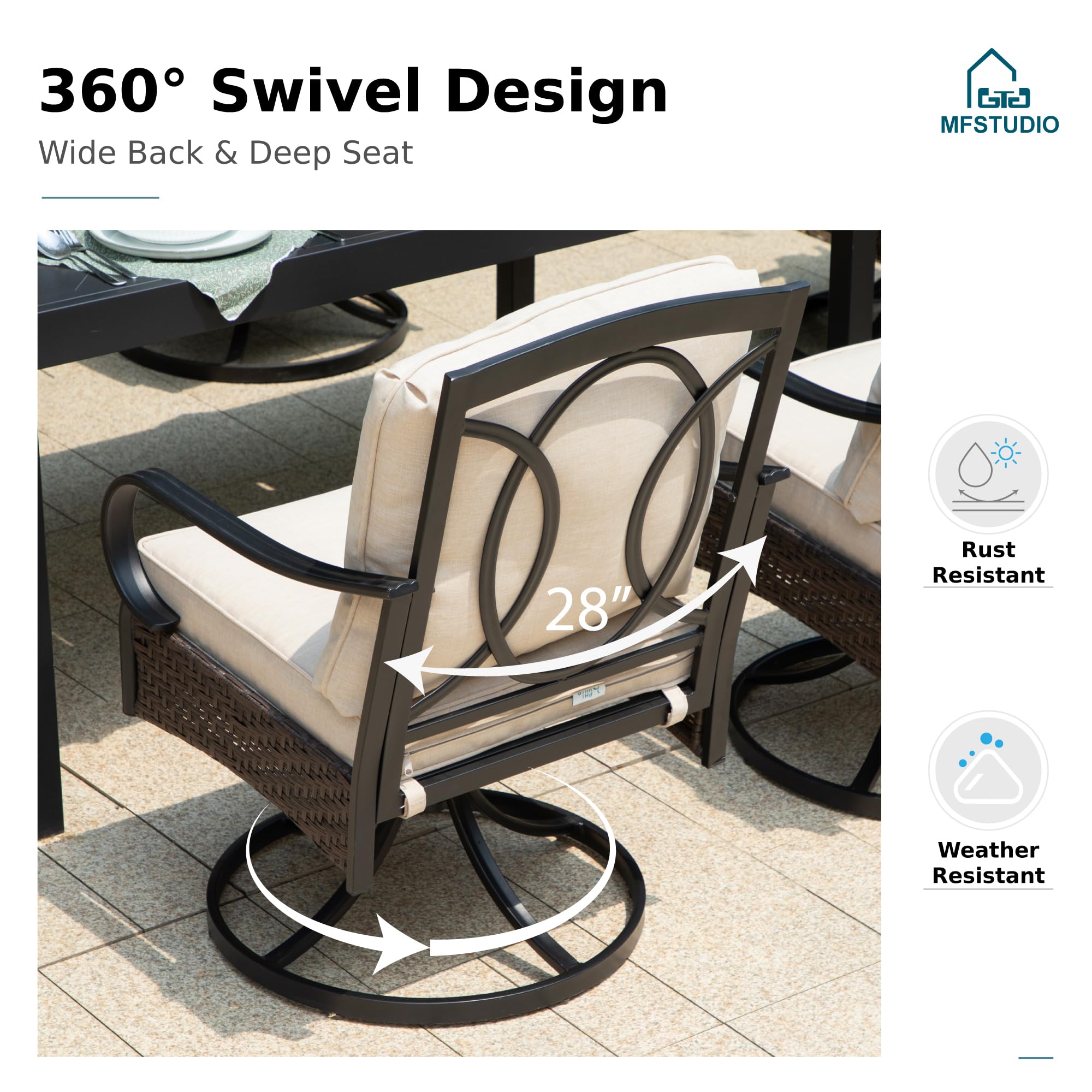 MFSTUDIO 5-Piece Outdoor Rattan Dining Set for 4 with Swivel Chairs, Round Patio Table & Metal High Back Chairs - Perfect for Backyard, Garden, and Poolside Entertaining