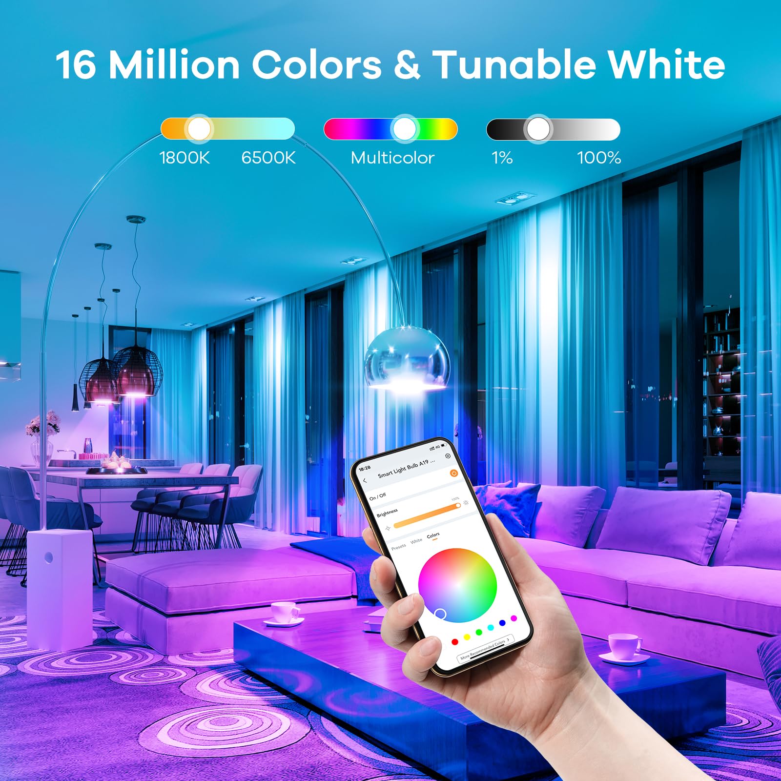 Linkind Smart WiFi Light Bulbs - 6 Pack Color Changing RGBTW LED Bulbs, Works with Alexa & Google Home, A19 E26 Dimmable, No Hub Required, 800 Lumens, 2.4GHz WiFi - Perfect for Bedroom, Living Room & Party Lighting