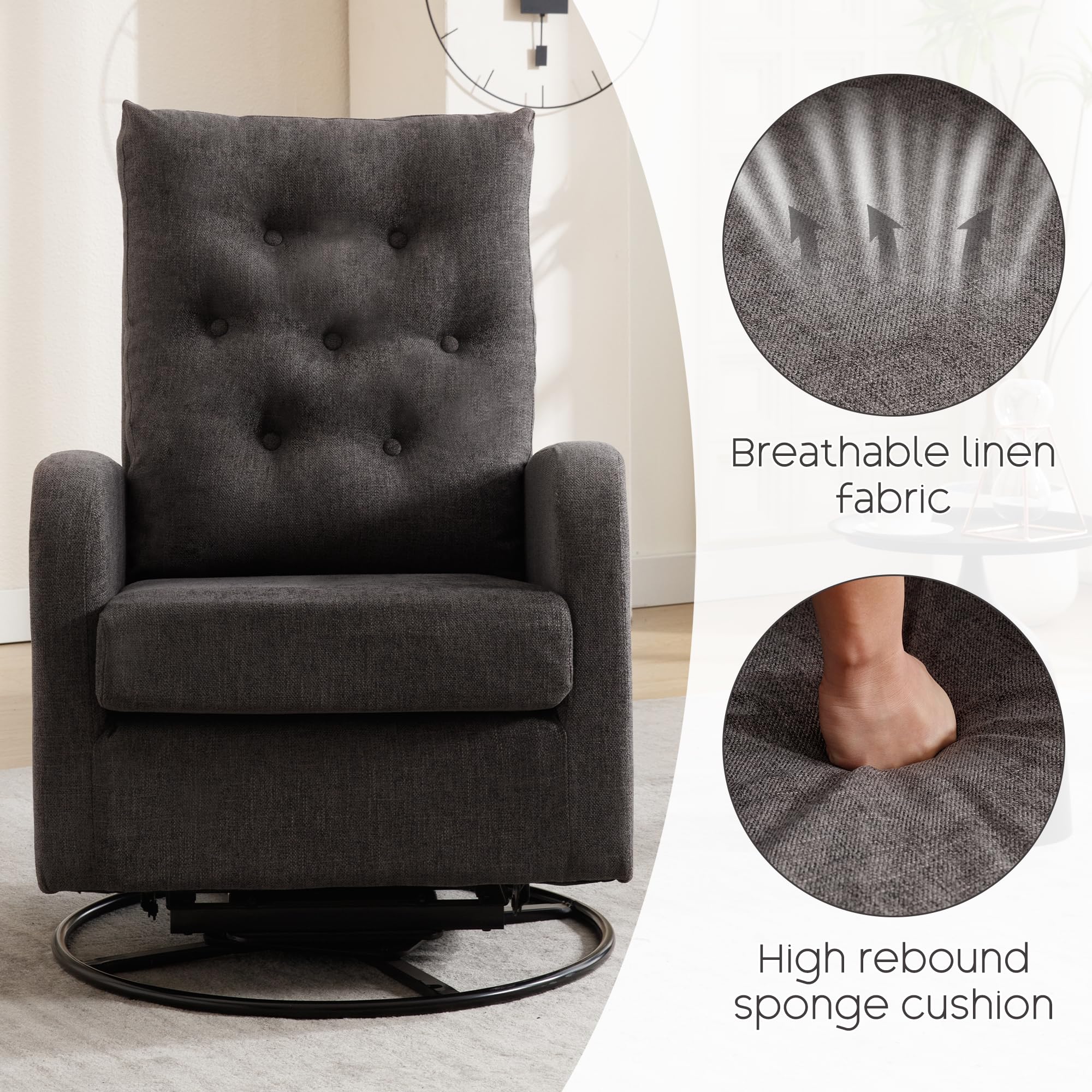 360° Swivel Rocking Chair Nursery Glider - Modern Padded Armchair with Teddy Fabric for Living Room, Bedroom & Nursery | Comfortable Breastfeeding Chair for Moms, Adults (Dark Grey) | Perfect for Nursing, Reading & Relaxing