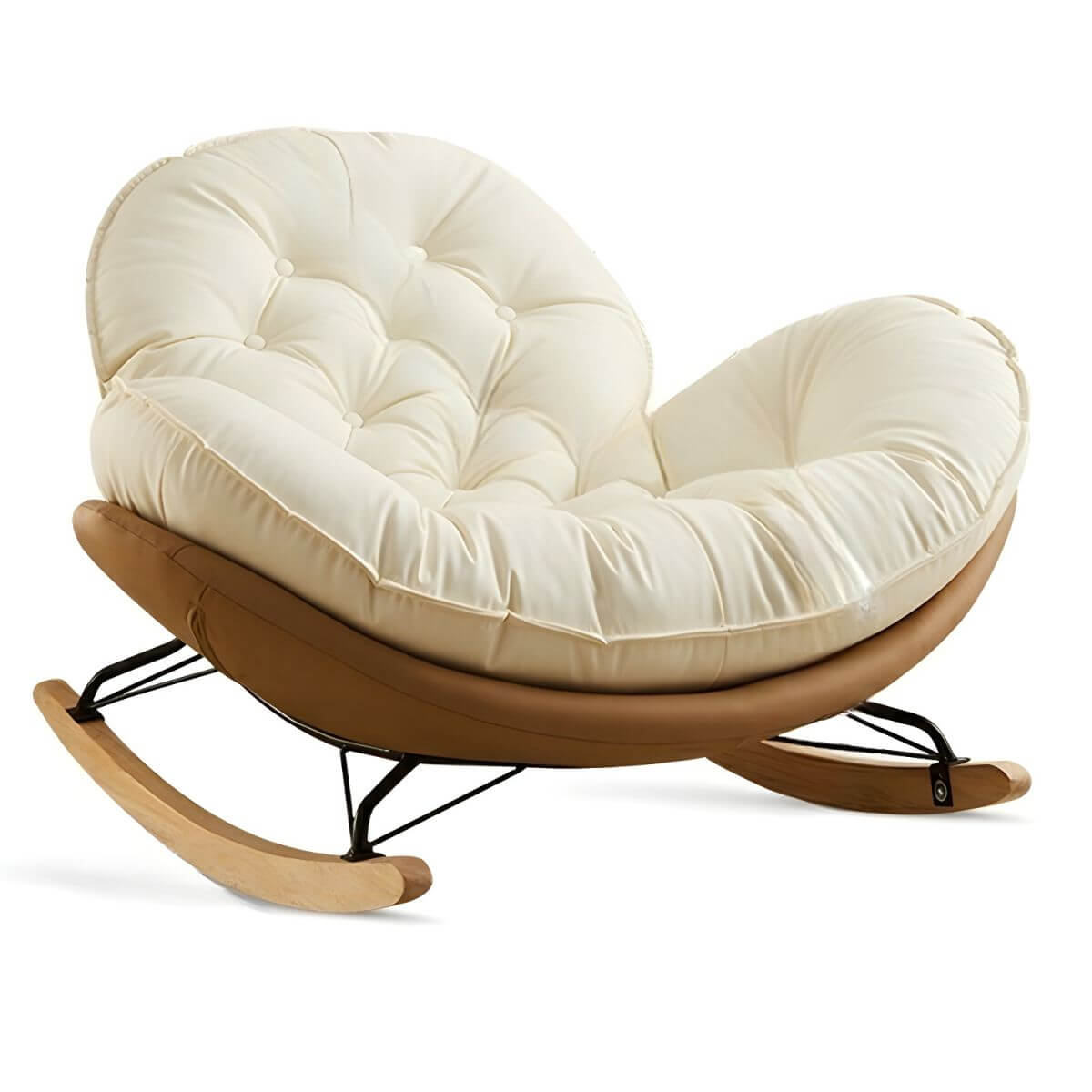 Modern Faux Leather Beige Upholstered Rocking Chair with Spindle Back & Natural Wood Legs - Cozy Nursery, Living Room or Bedroom Accent Chair for Relaxing & Nursing