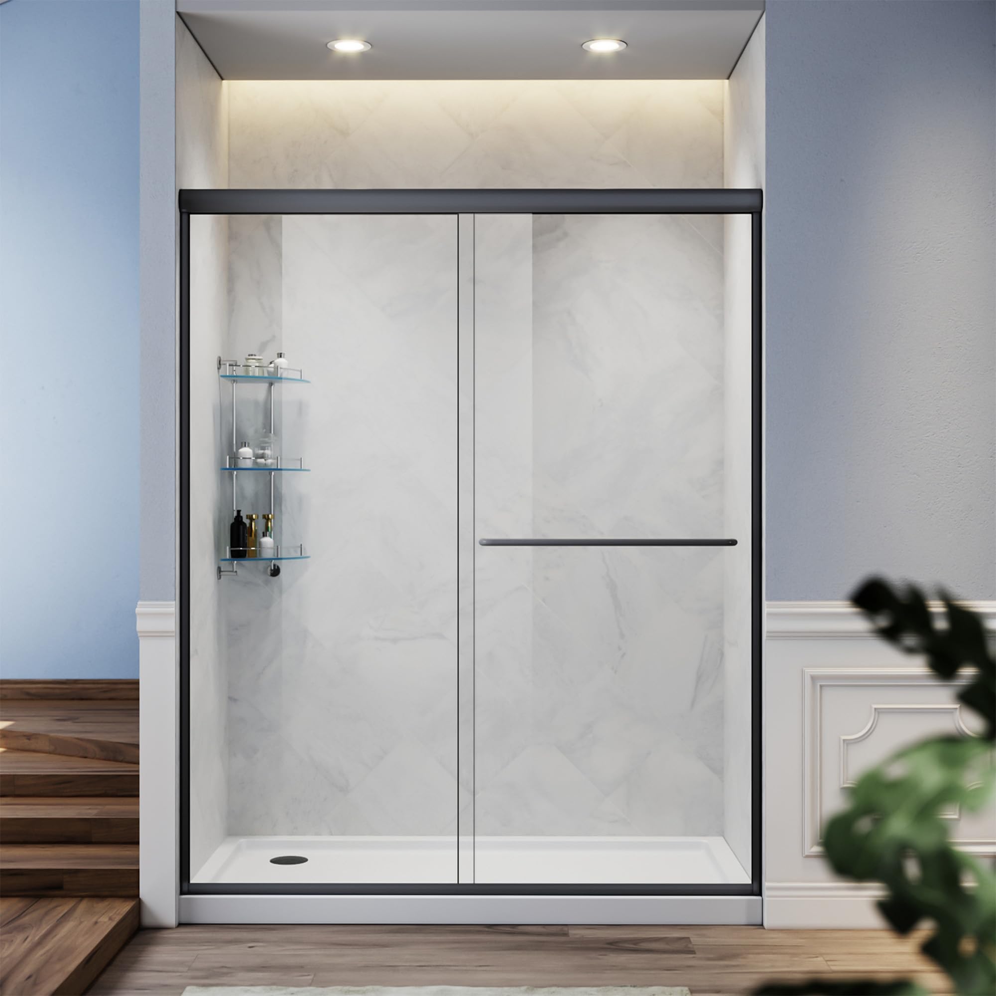 Frameless Double Sliding Shower Glass Door - 1/4 Inch Clear Glass Panel with Stainless Steel Hardware, Black Finish (46.5-48