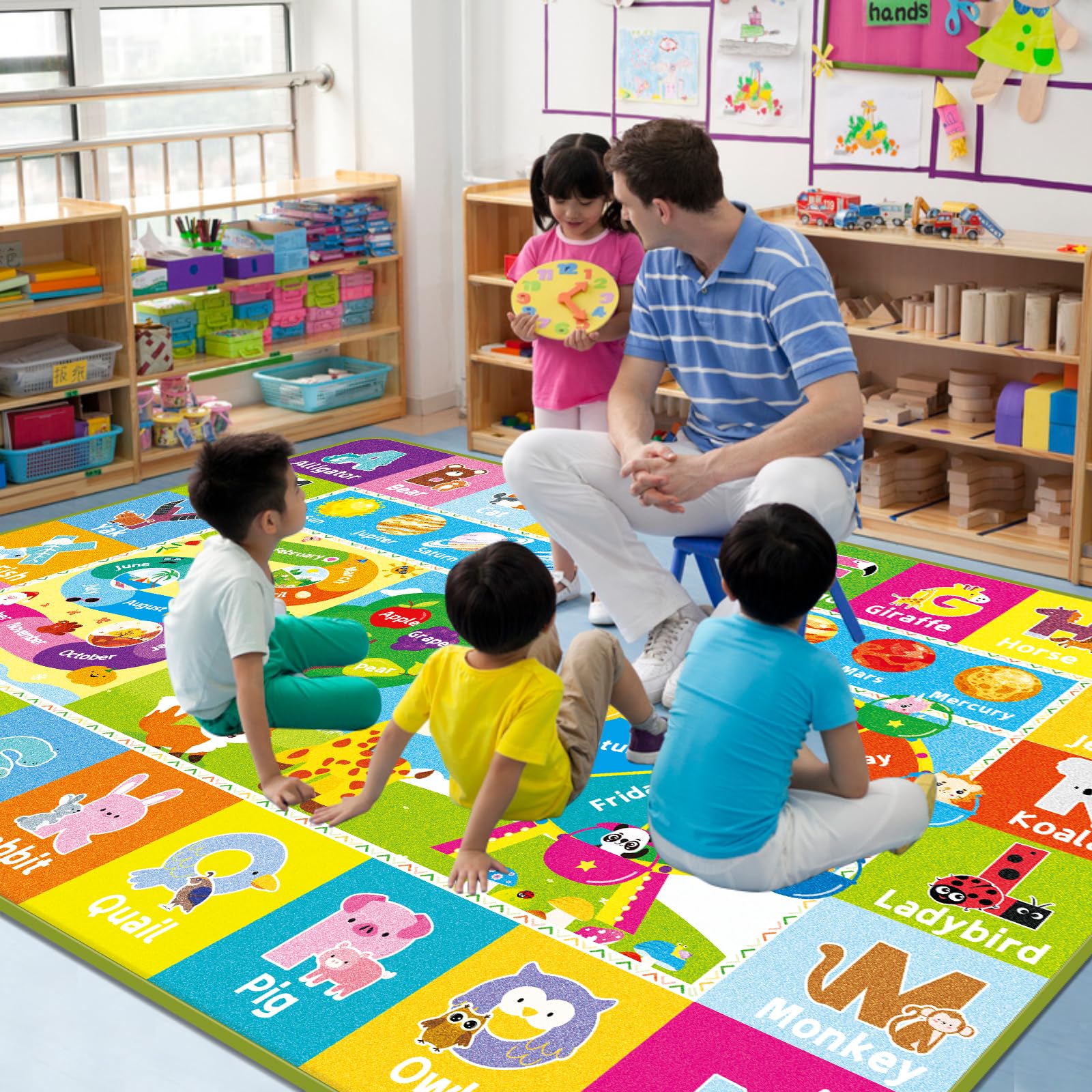 **AKASISRUG Educational Kids Play Mat - ABC, Animals, Months, Weeks, Fruits & Planets Learning Rug for Playroom, Classroom & Bedroom - Non-Slip Baby Play Mat (78.7