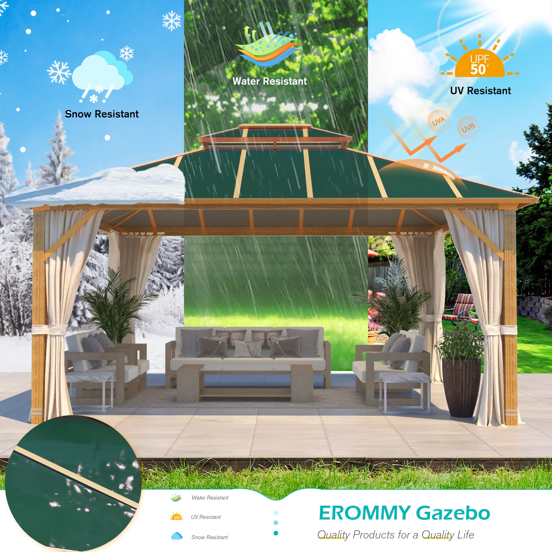 EROMMY 12x14 Hardtop Patio Gazebo with Galvanized Steel Frame - Outdoor Canopy Shelter for Backyard, Garden, Deck & Poolside Relaxation