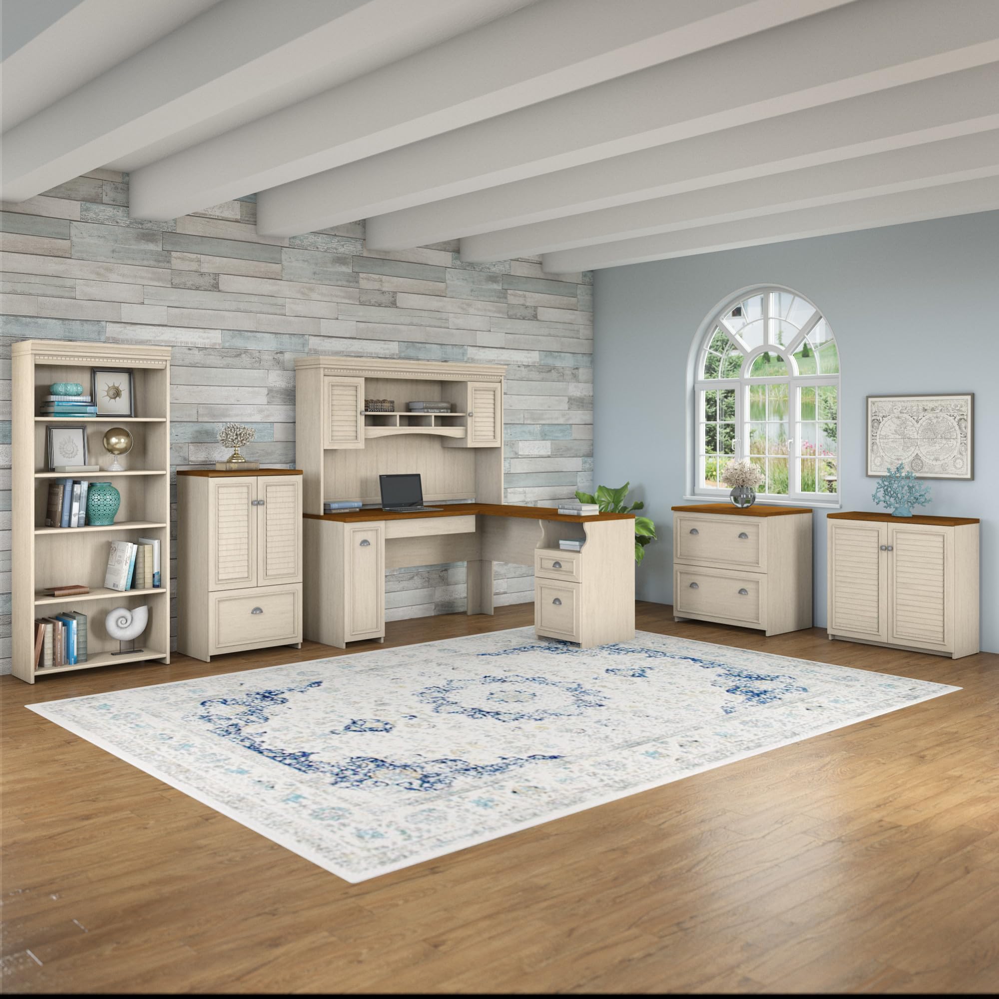 Bush Furniture Fairview 60W L-Shaped Desk Hutch in Antique White - Home Office Storage with Shelves & Cabinets | Perfect for Organizing Files, Books, and Office Supplies in Small Workspaces