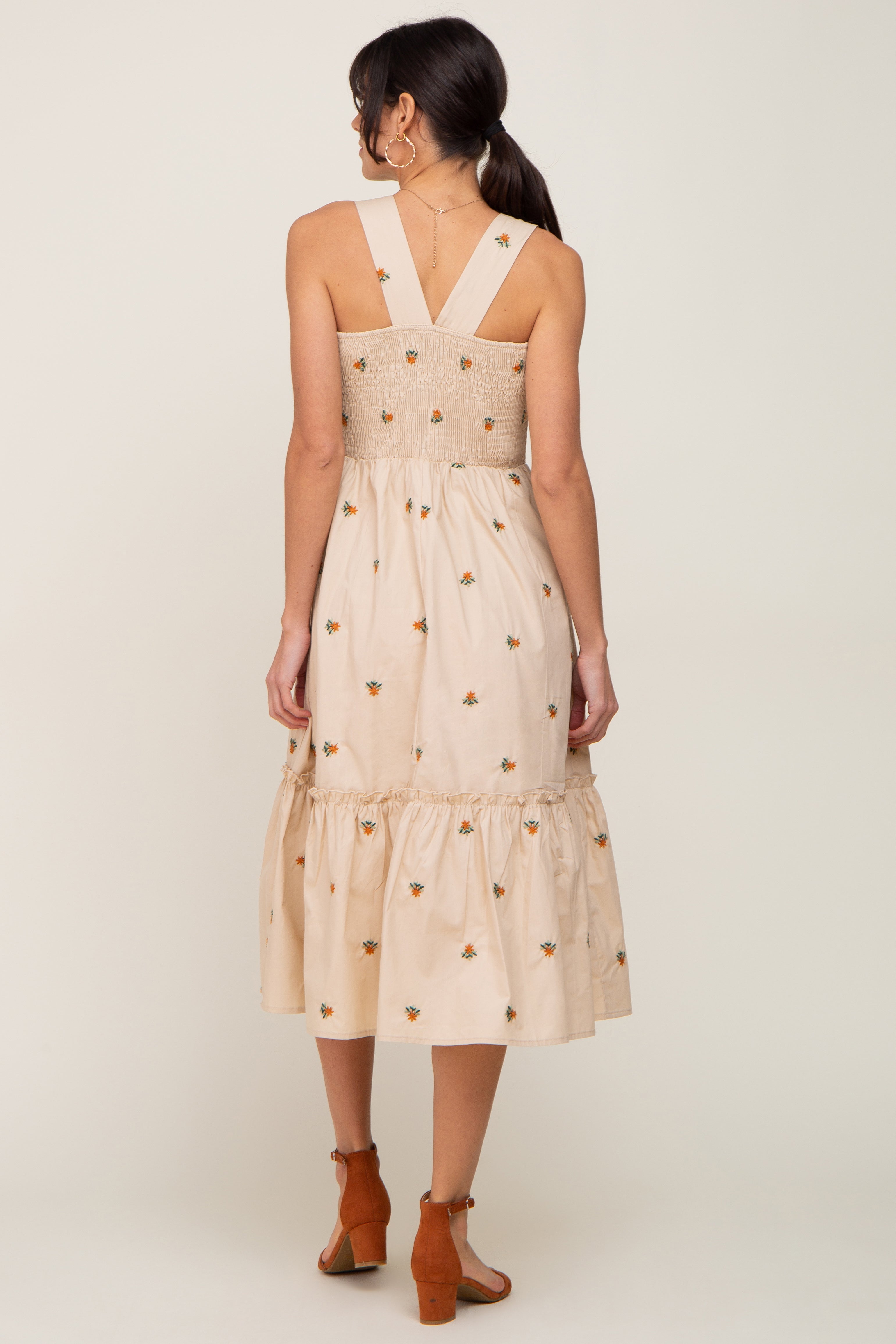 Beige Floral Embroidered Sleeveless Midi Dress for Women - Summer Beach Wedding Party & Vacation Outfit