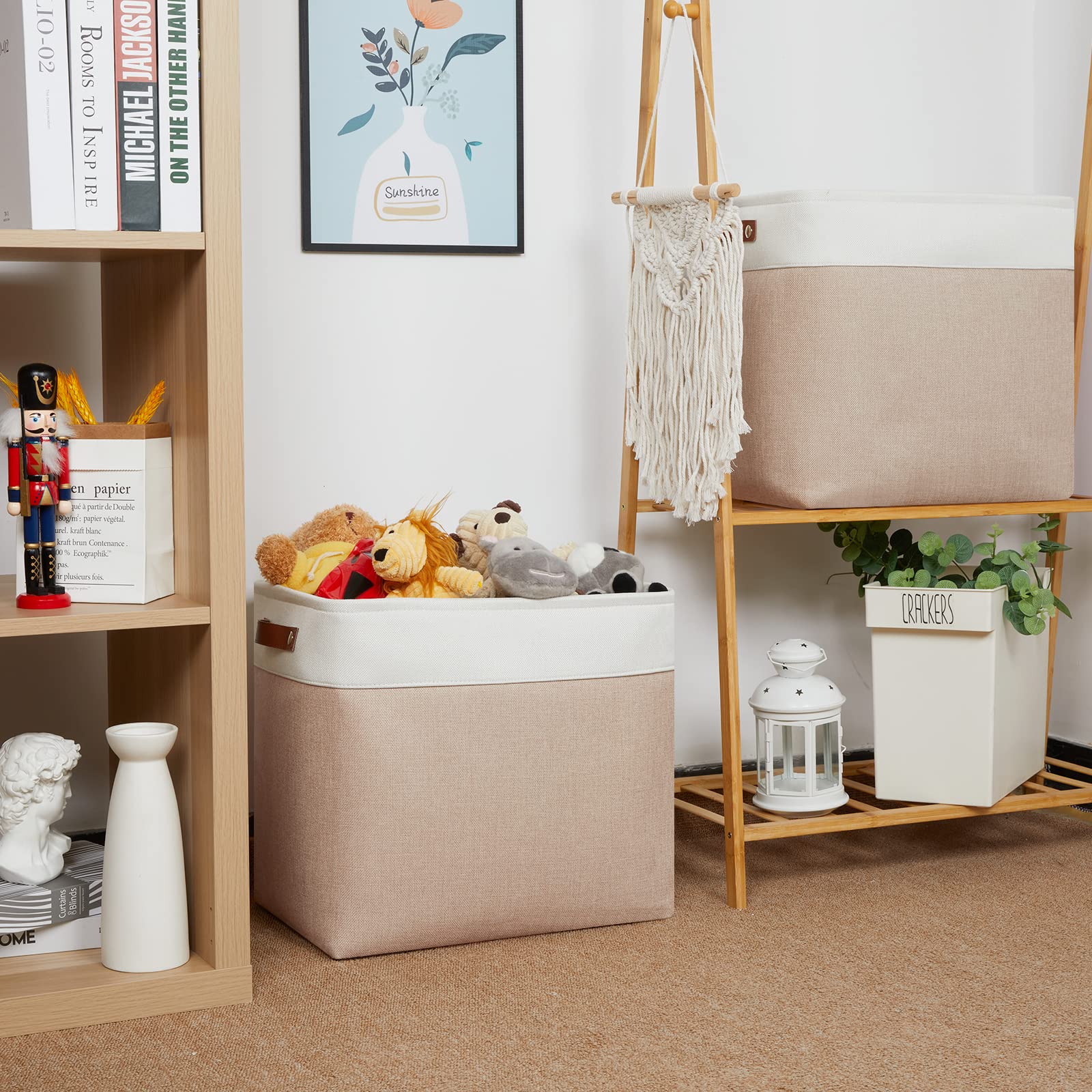 Large Fabric Storage Basket for Shelves - Collapsible Canvas Bin with Handles for Home & Closet Organization (White/Beige) - Perfect for Bedroom & Nursery Storage