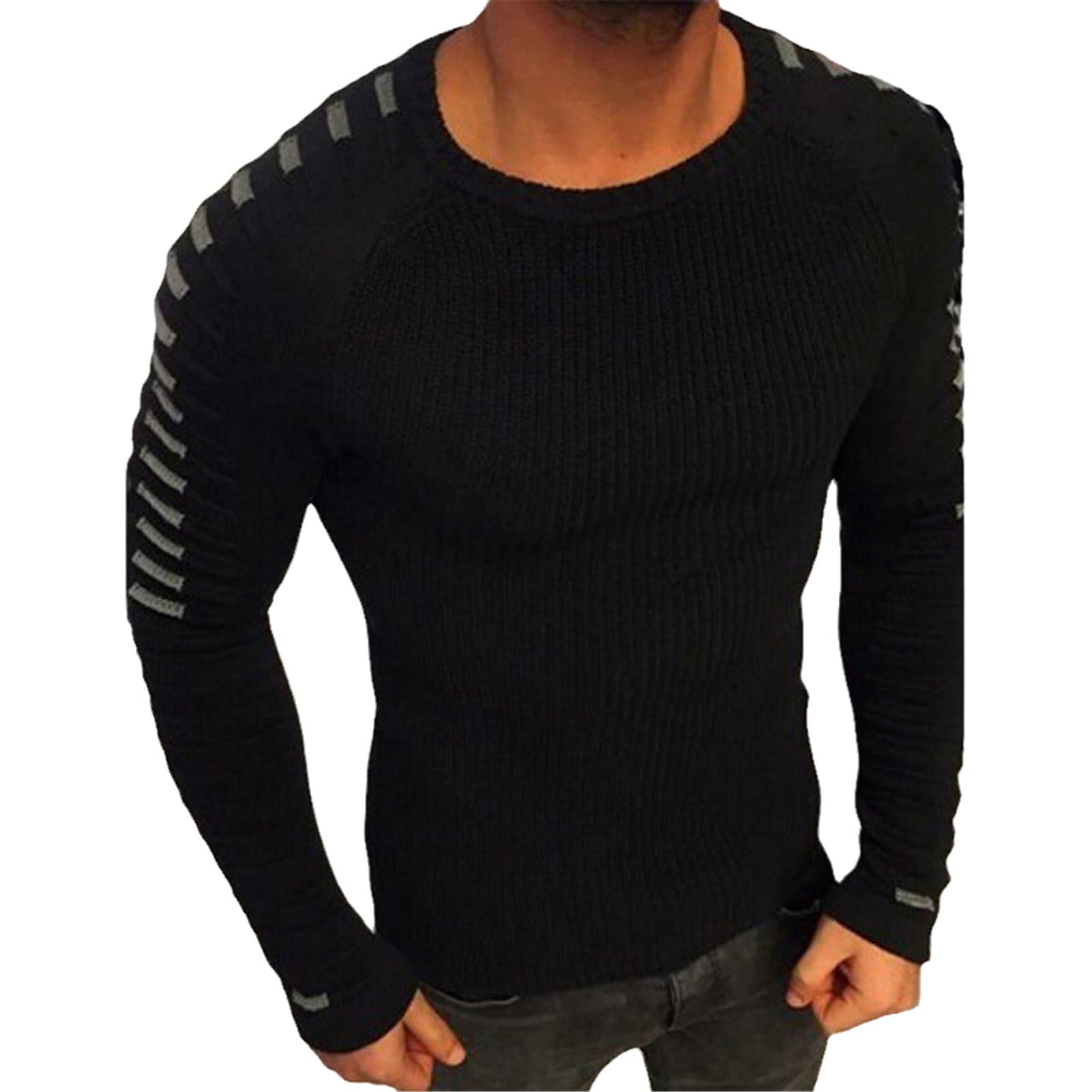 HSQIBAOER Men's Casual Patchwork Knit Sweater - Long Sleeve O-Neck Pullover for Autumn, Winter & Spring | Warm Solid Color Sweater for Daily Wear, Office & Outdoor Activities