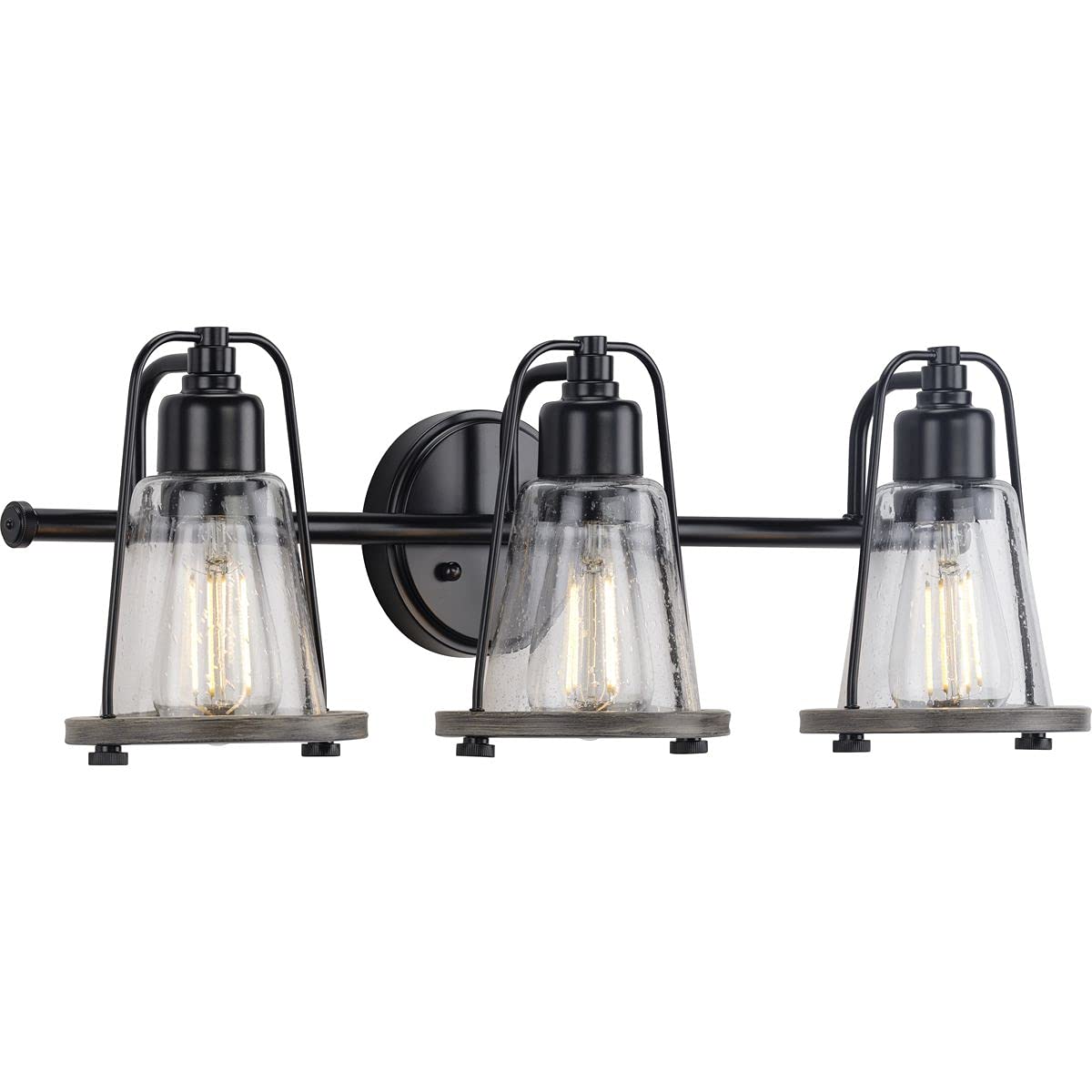 Progress Lighting Conway Collection 3-Light Matte Black Clear Seeded Glass Farmhouse Bathroom Vanity Light Fixture - Perfect for Rustic Bathroom, Powder Room, and Farmhouse Style Home Decor