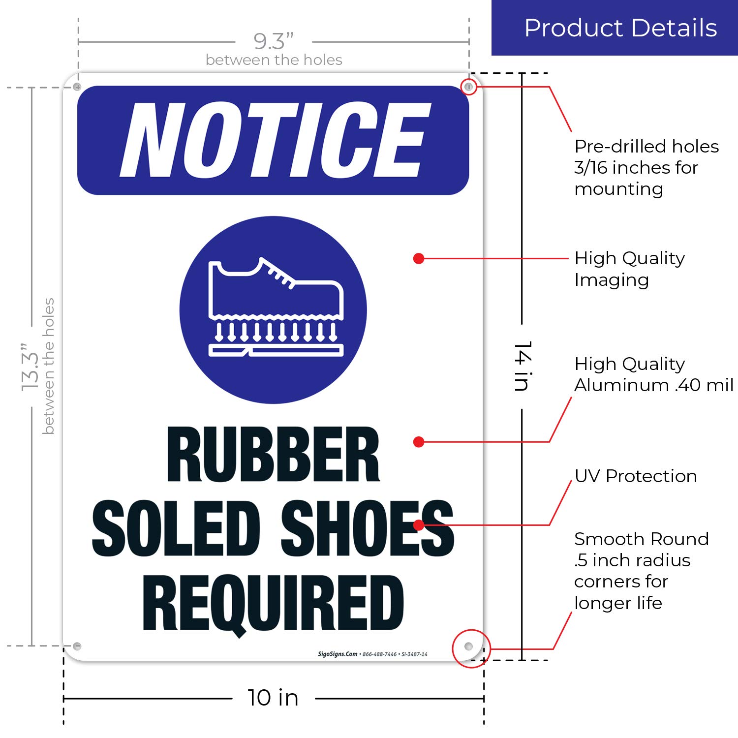 OSHA Compliant Rubber Soled Shoes Required Sign - 10x14 Inches Rust-Free .040 Aluminum - Fade Resistant for Indoor/Outdoor Use - Made in USA - Perfect for Factories, Warehouses & Construction Sites