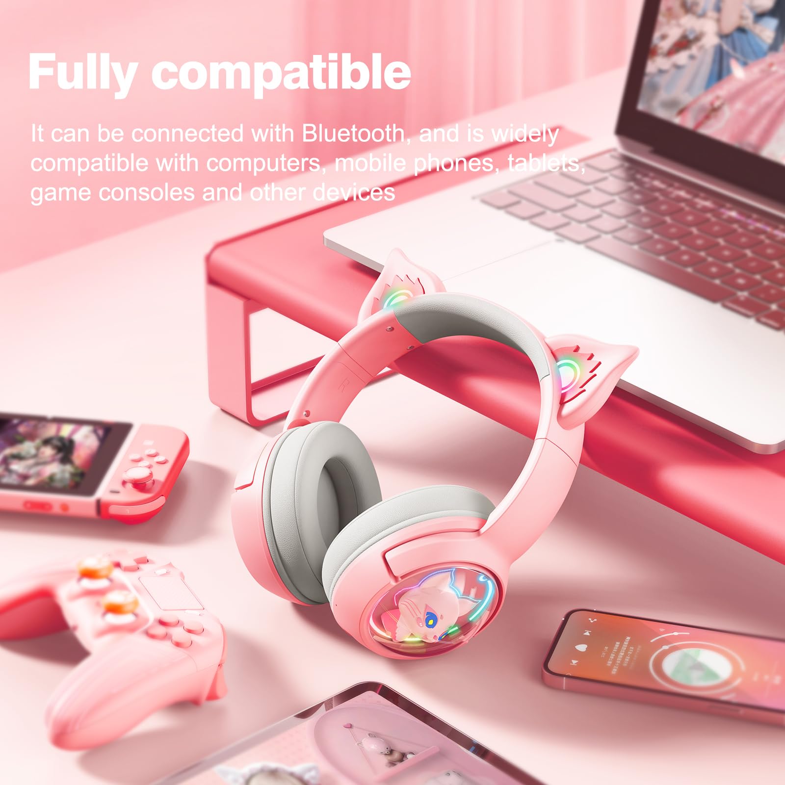 Wireless Bluetooth Cat Ear Headphones with Mic - RGB LED Light, Wired & Wireless Modes for Girls & Women - Compatible with iPhone, Android, Gaming, School, Work (Pink) - Perfect for Gaming, Online Classes, Music & Streaming