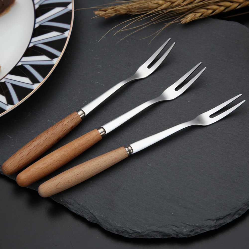 6-Piece Stainless Steel Two-Prong Forks with Wooden Handles - Perfect for Fruit, Cake, Appetizers & Desserts - Ideal for Parties, Picnics & Elegant Dining
