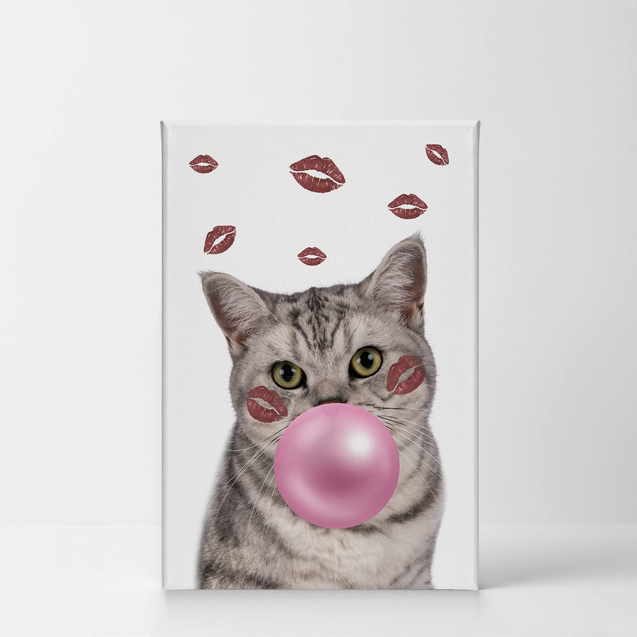 Brazilian Shorthair Cat Chewing Bubble Gum Canvas Wall Art Print - 36x24 Inch Pop Art Pet Portrait for Cat Lovers, Perfect for Office, Living Room, Bedroom & Nursery Decor - Funny Animal Gift Idea