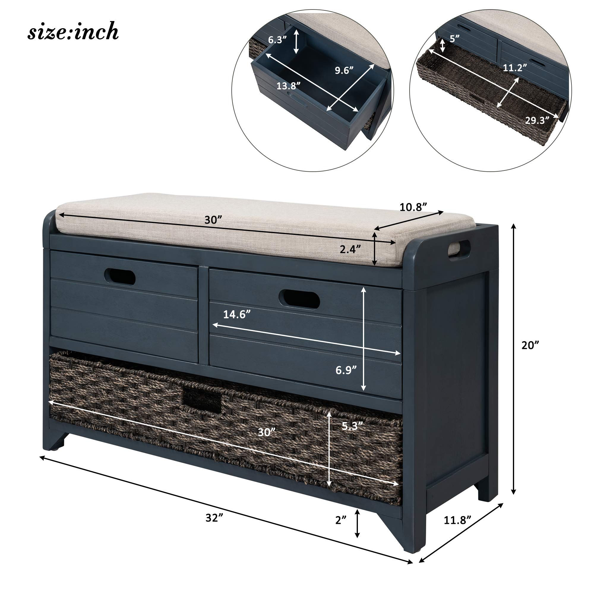 HomVent Storage Bench with 2 Drawers & Basket - Entryway Shoe Bench Ottoman with Removable Cushion - Hallway, Living Room, Bedroom Furniture - Supports 155 lbs - Perfect for Small Spaces & Entry Organization