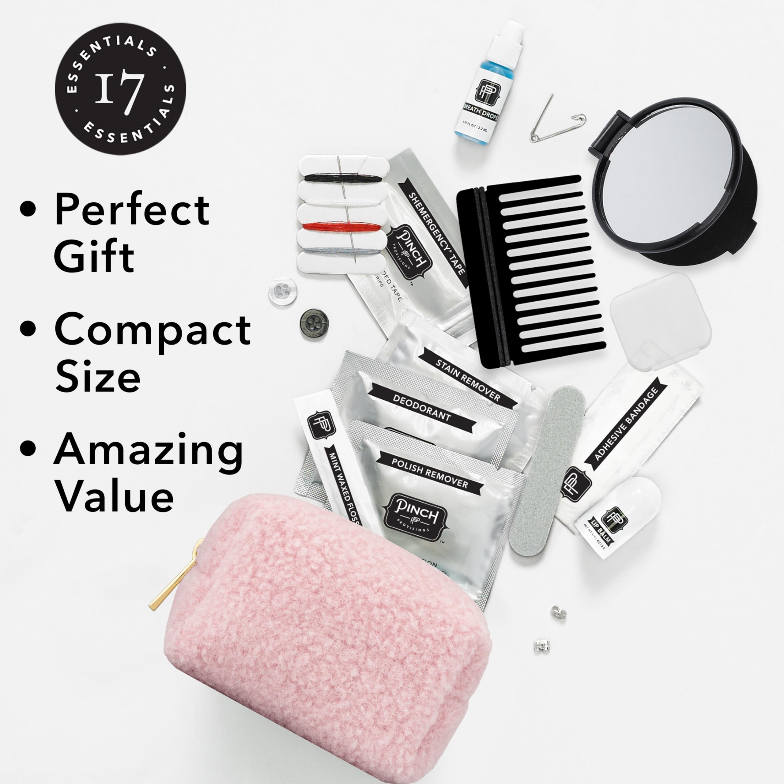 Pinch Provisions Minimergency Kit - 17 Travel-Sized Cosmetic Essentials for Women | Compact Beauty & Emergency Accessories | Perfect for Purse, Travel, Office & On-The-Go | Great Holiday & Birthday Gift Idea (Sherpa Blush)