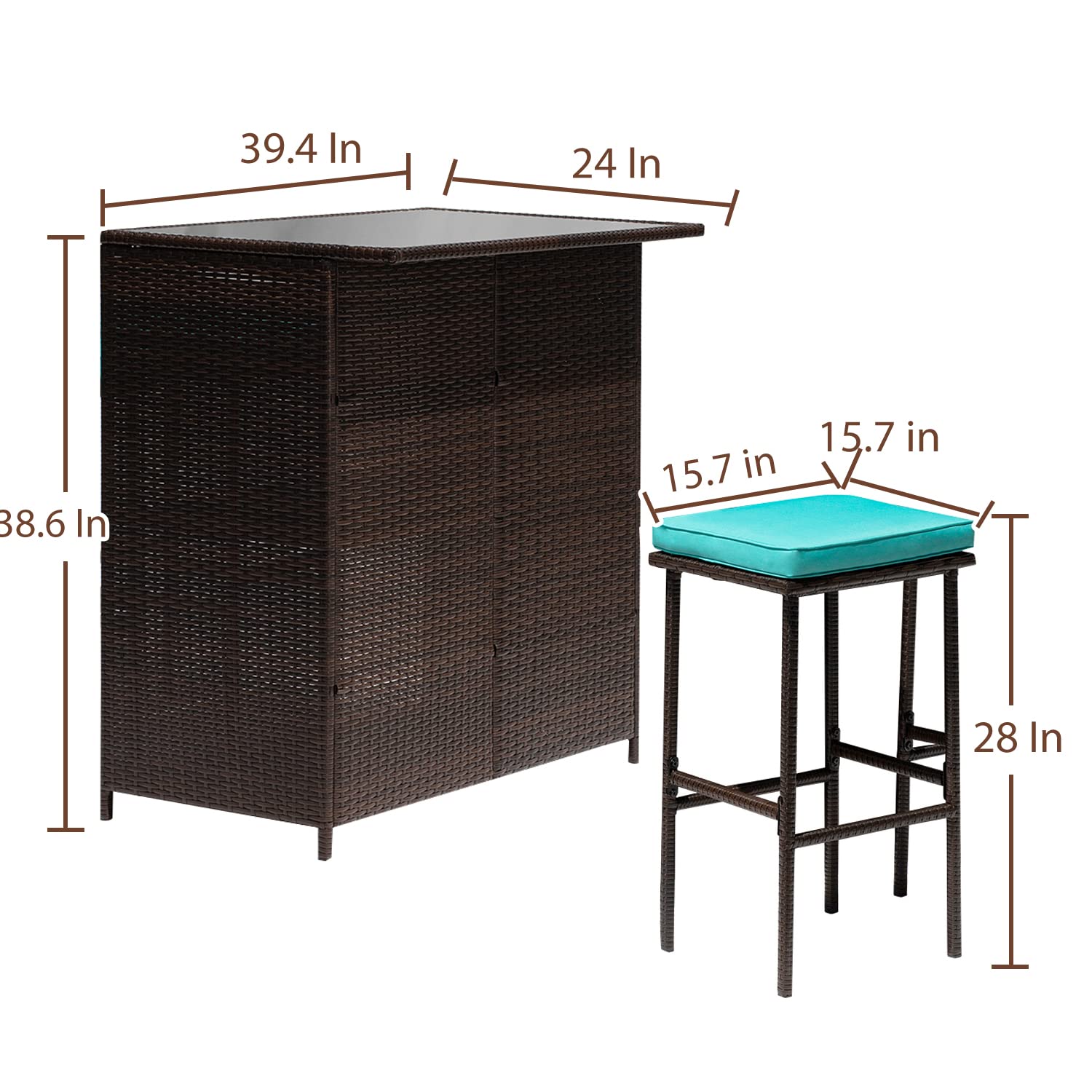 3-Piece Outdoor Wicker Bar Set - All-Weather Rattan Bar Table with 2 Stools, Glass Top & Thick Cushions - Patio, Backyard, Porch, Garden & Poolside Furniture - Perfect for Outdoor Entertaining & Relaxing (Blue)