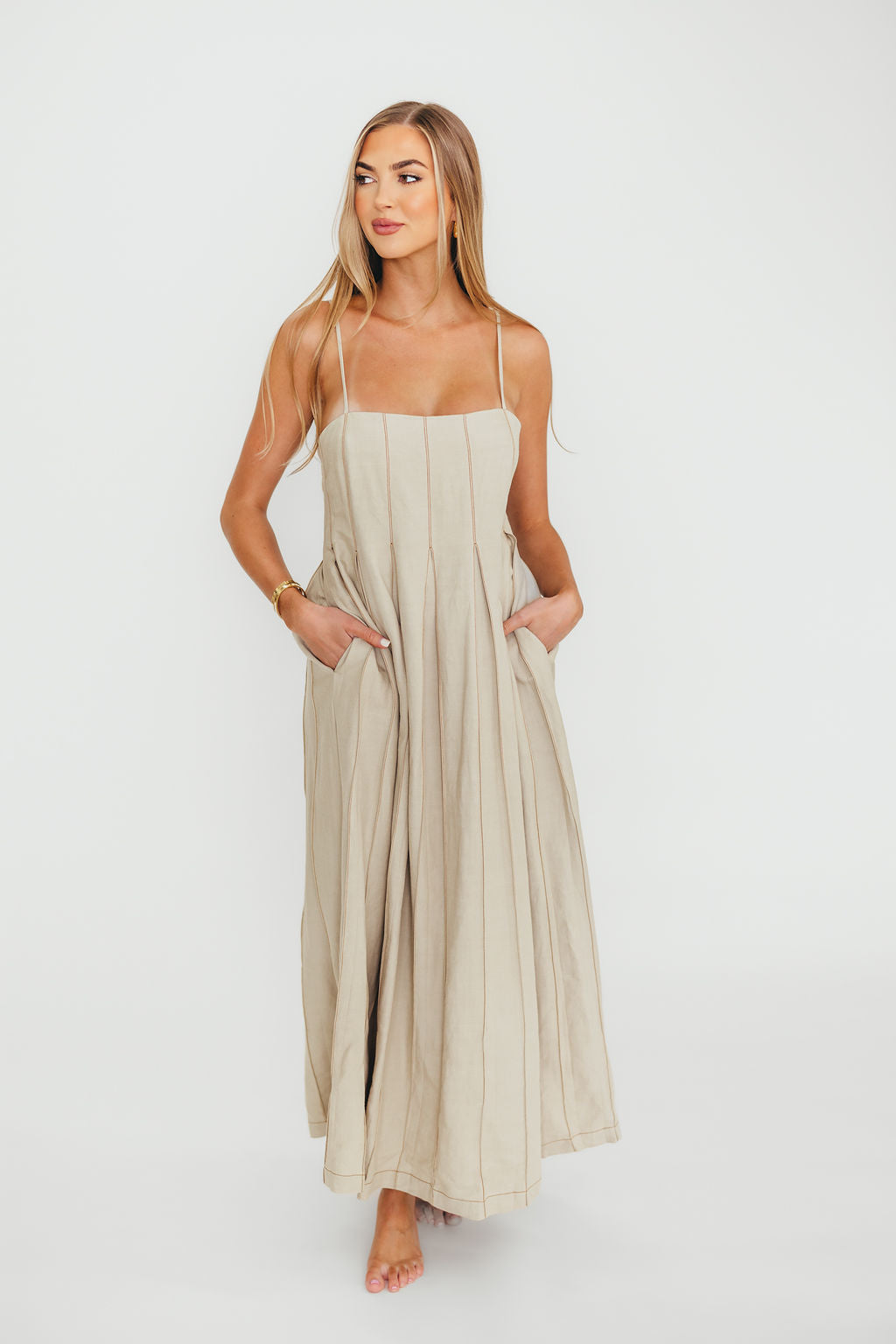 Mei Linen Stitch Maxi Dress in Khaki - Women's Boho Summer Beach Dress for Vacation, Wedding & Casual Outings