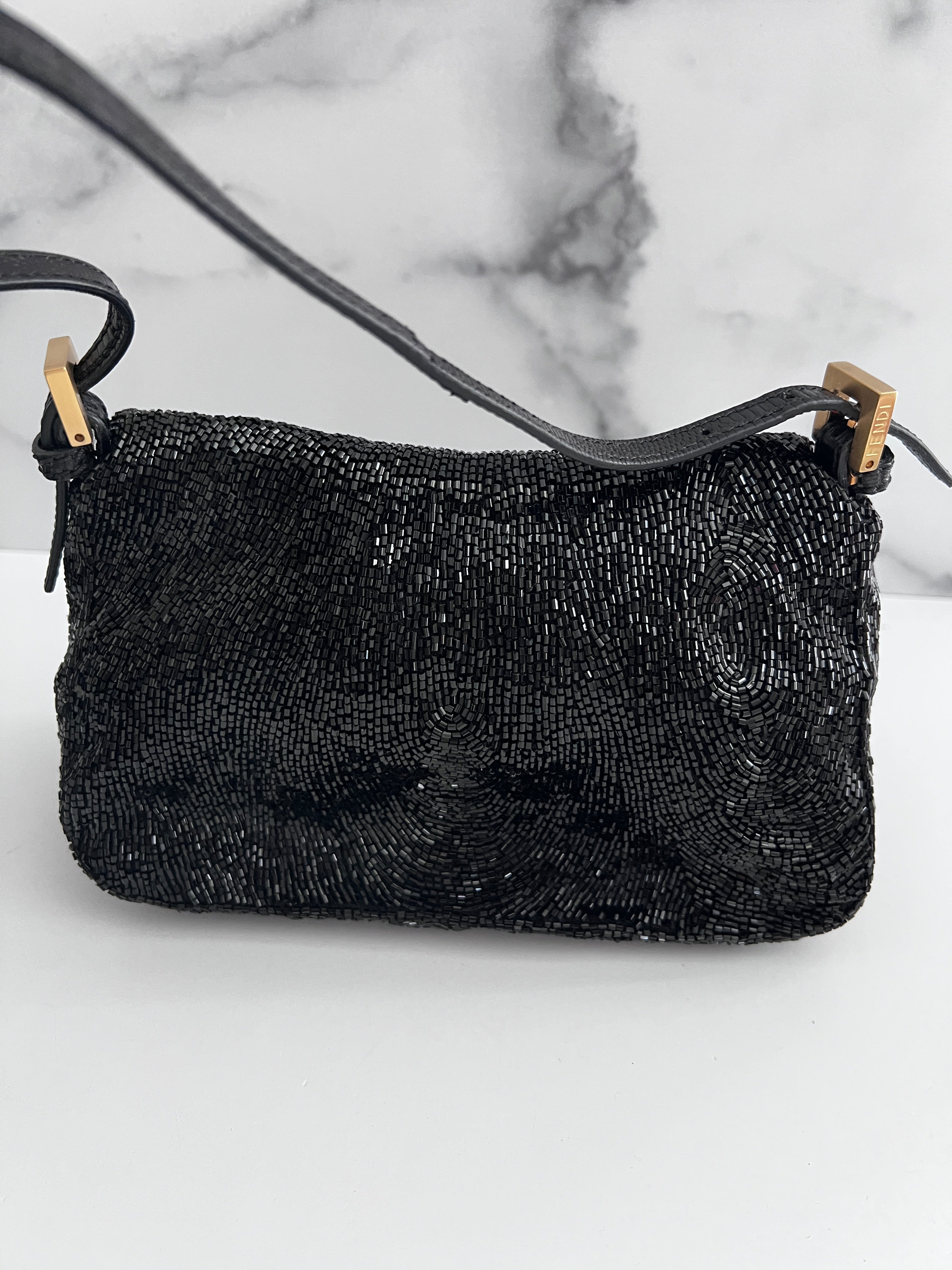 Fendi Black Beaded Mini Mamma Baguette Handbag - Genuine Lizard Skin Trim Luxury Crossbody Purse for Women | Perfect for Evening Parties, Date Nights & Special Occasions