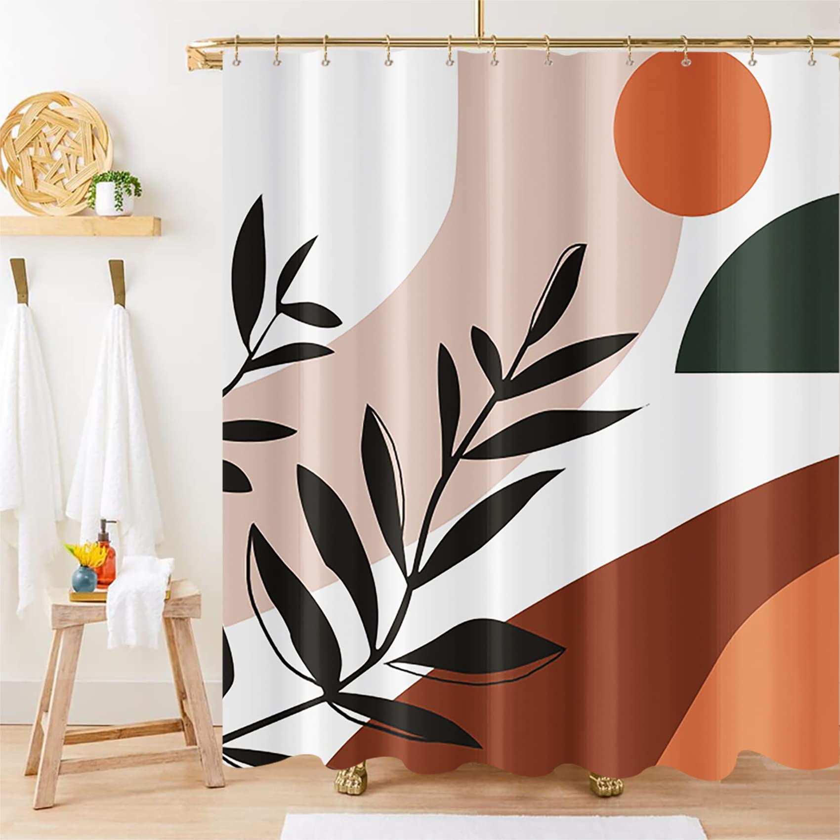 Modern Abstract Mid Century Shower Curtain - Boho Sun Eucalyptus Leaf Design with Geometric Shapes, Waterproof Bathroom Decor (72x72 Inch) for Vintage & Minimalist Home, Spa, and Guest Bathrooms