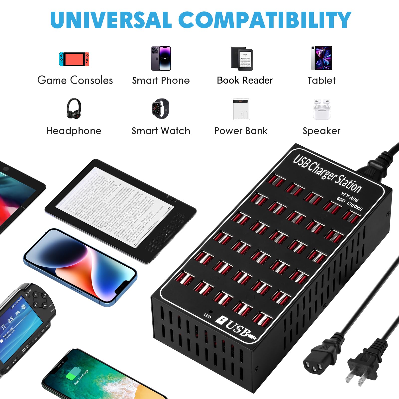 300W 60-Port USB Charging Station for Multiple Devices - Fast Desktop Charger with Intelligent Protection for Phones, Tablets & More | Perfect for Home, School, Hotel, Office & Shopping Malls