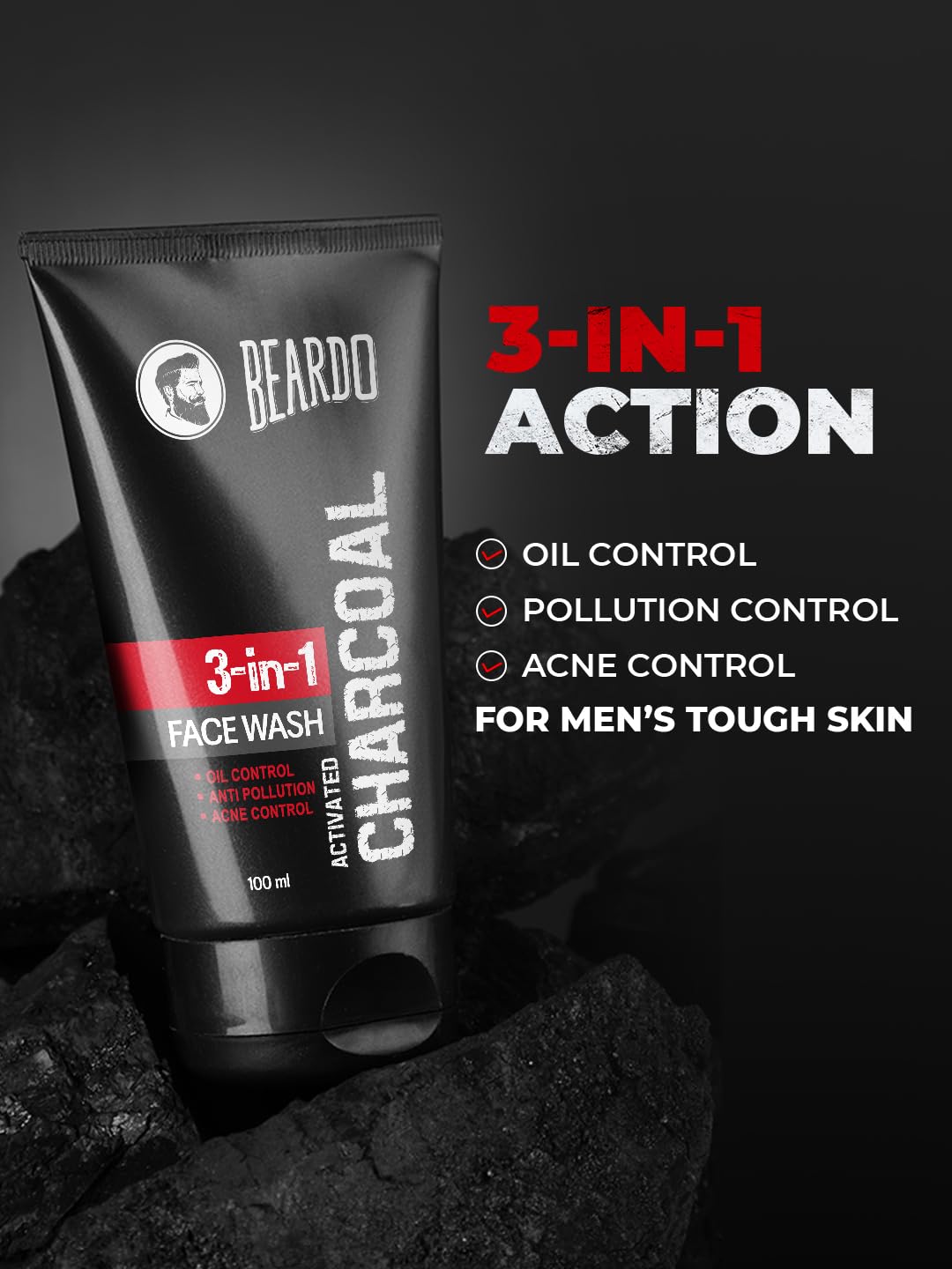 Beardo 3-in-1 Activated Charcoal Face Wash for Men - Deep Cleansing, Exfoliating & Detoxifying Formula | Oil Control & Pore Minimizer for Oily Skin | Removes Dirt, Pollution & Impurities | 100ml Travel Size | Perfect for Daily Skincare Routine & Gym Bag Essentials