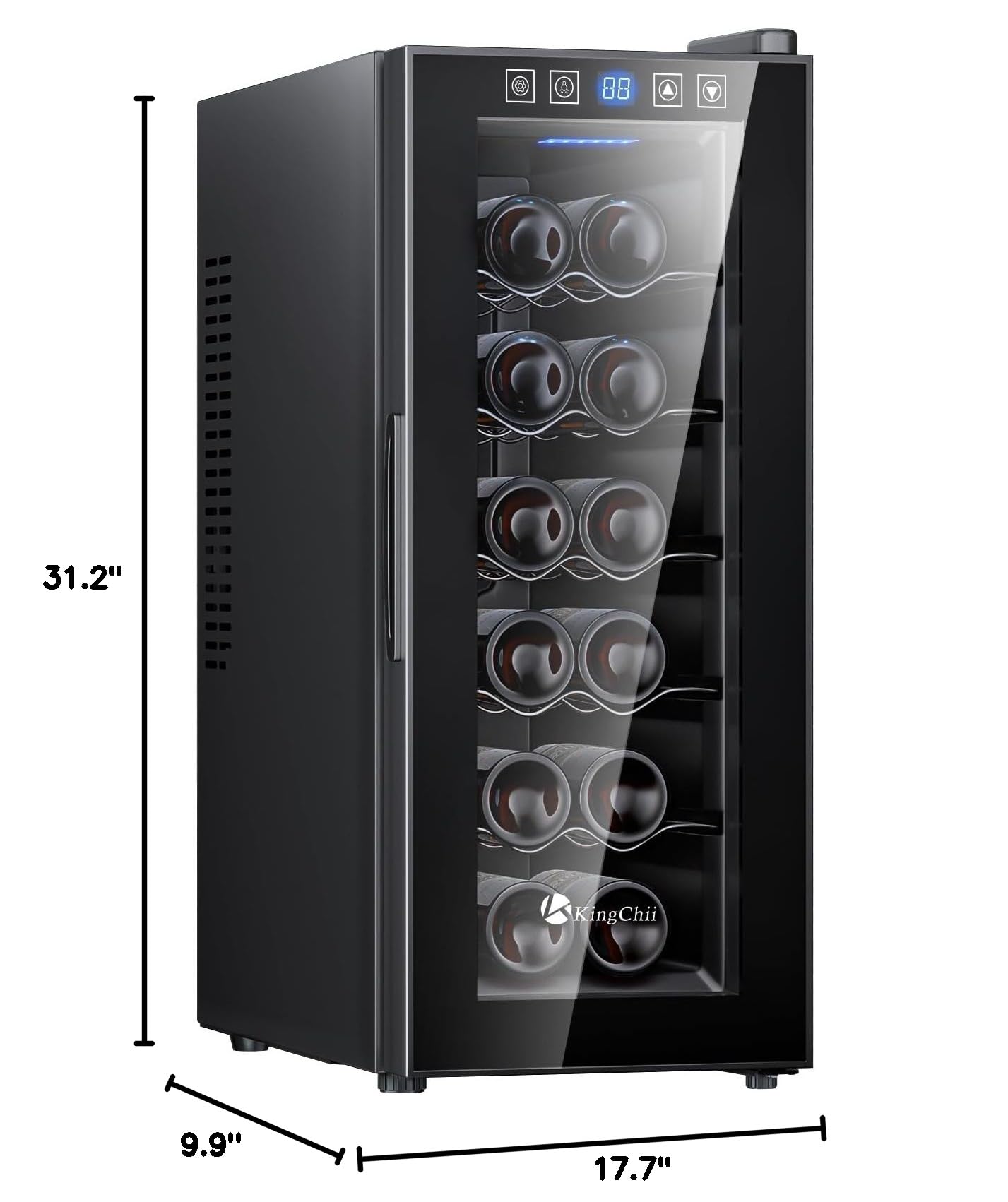 KingChii 12 Bottle Thermoelectric Wine Cooler Refrigerator - Advanced Cooling Technology, Stainless Steel & Tempered Glass Design for Red Wine and Champagne Storage - Perfect for Home, Kitchen, Office, or Restaurant Use