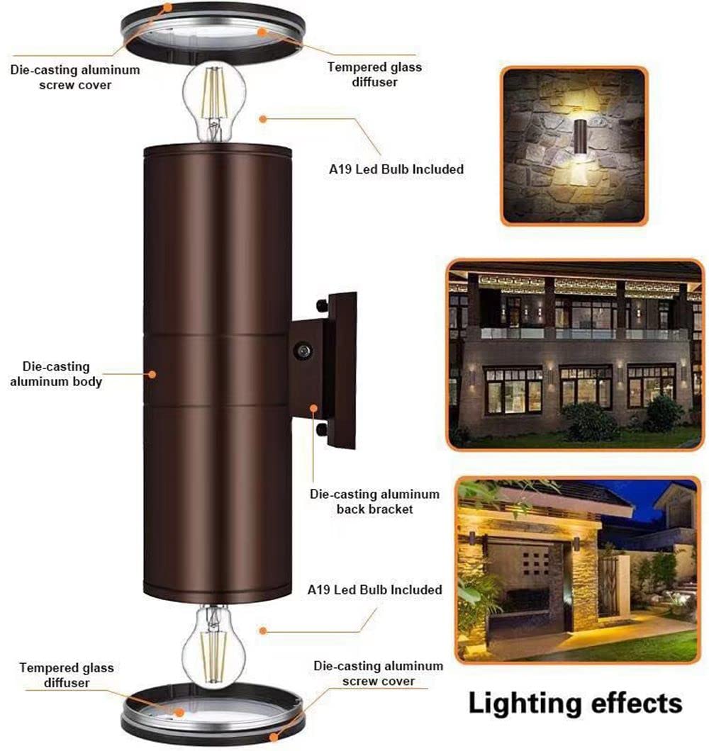 Outdoor Wall Lights Dusk to Dawn - Waterproof Exterior Lighting Fixtures with 2 LED Bulbs - Modern Up Down Wall Sconces for Porch, Backyard, Patio & Garden - Perfect for Home Security & Landscape Lighting